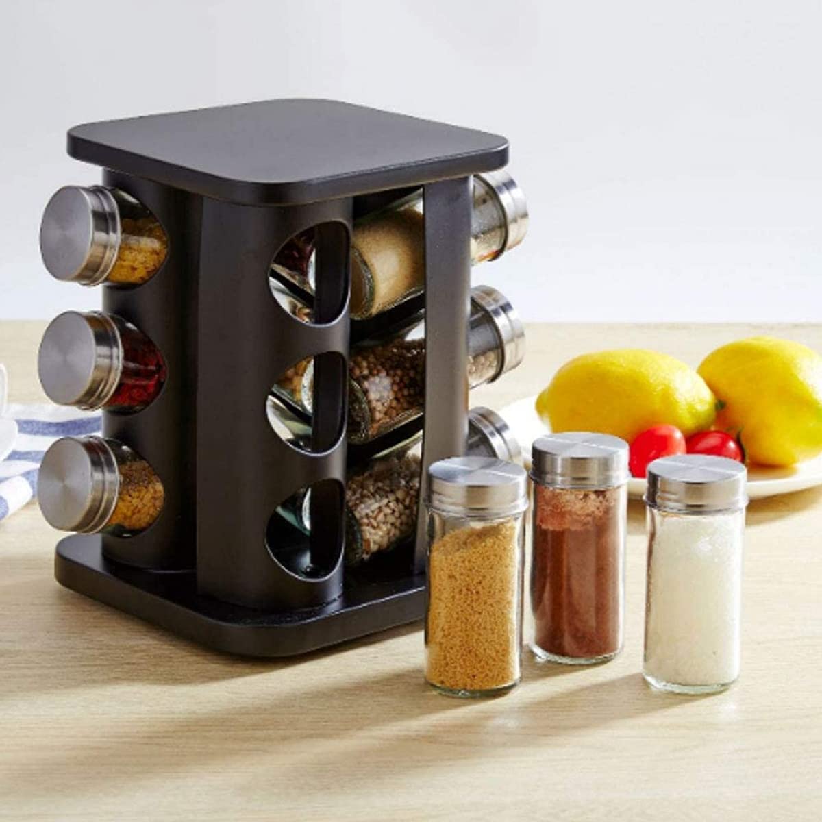 Qiuqiu 360° Rotating Spice Rack Organizer - 12 Glass Jars with Stainless Steel Base | Space-Saving Kitchen Storage for Spices, Herbs & Seasonings | Perfect for Countertop, Pantry & Small Kitchen Organization