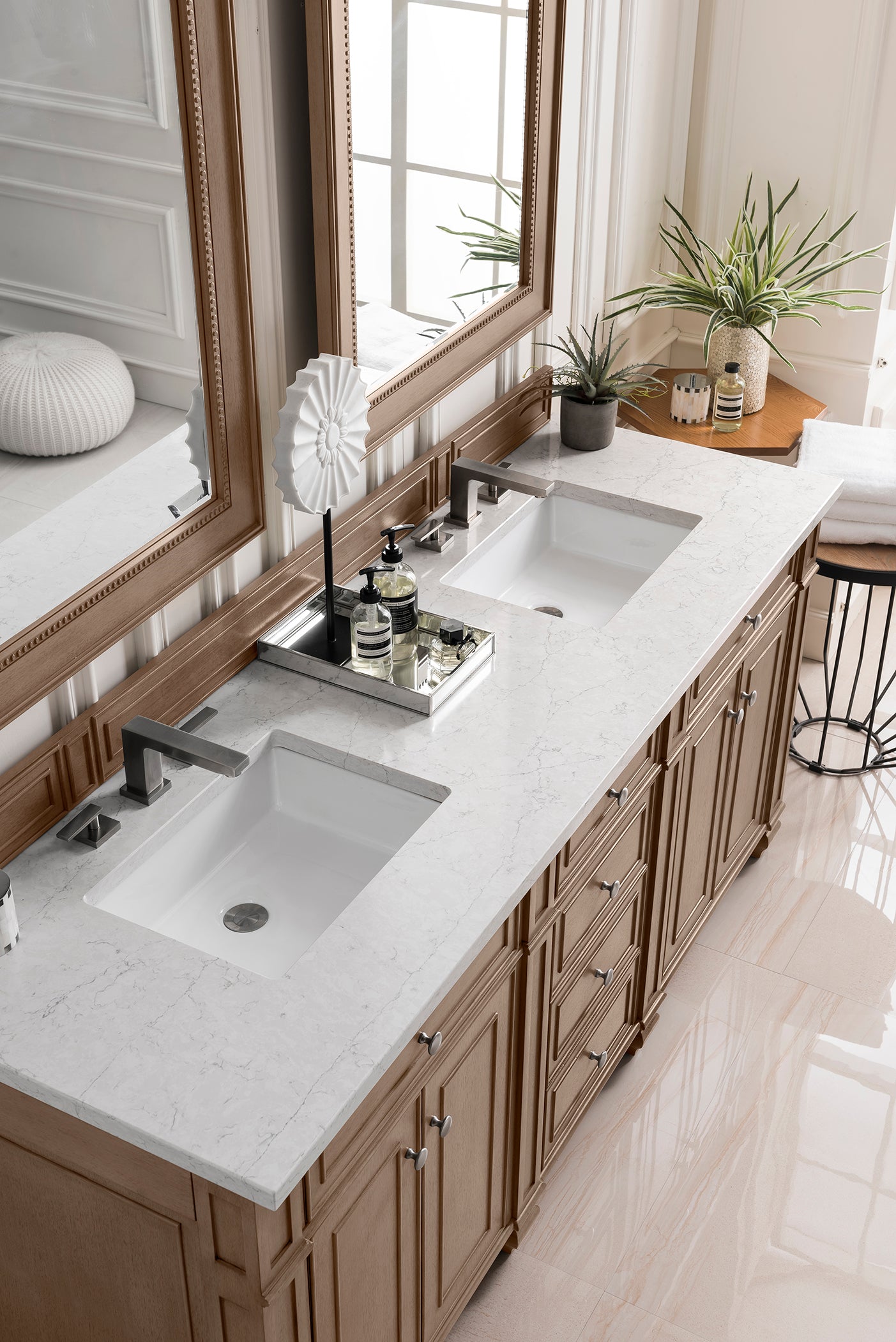 Bristol 72 Inch Double Bathroom Vanity in Whitewashed Walnut with 3CM Eternal Jasmine Pearl Quartz Countertop - Perfect for Master Bathroom and Guest Bath Remodeling