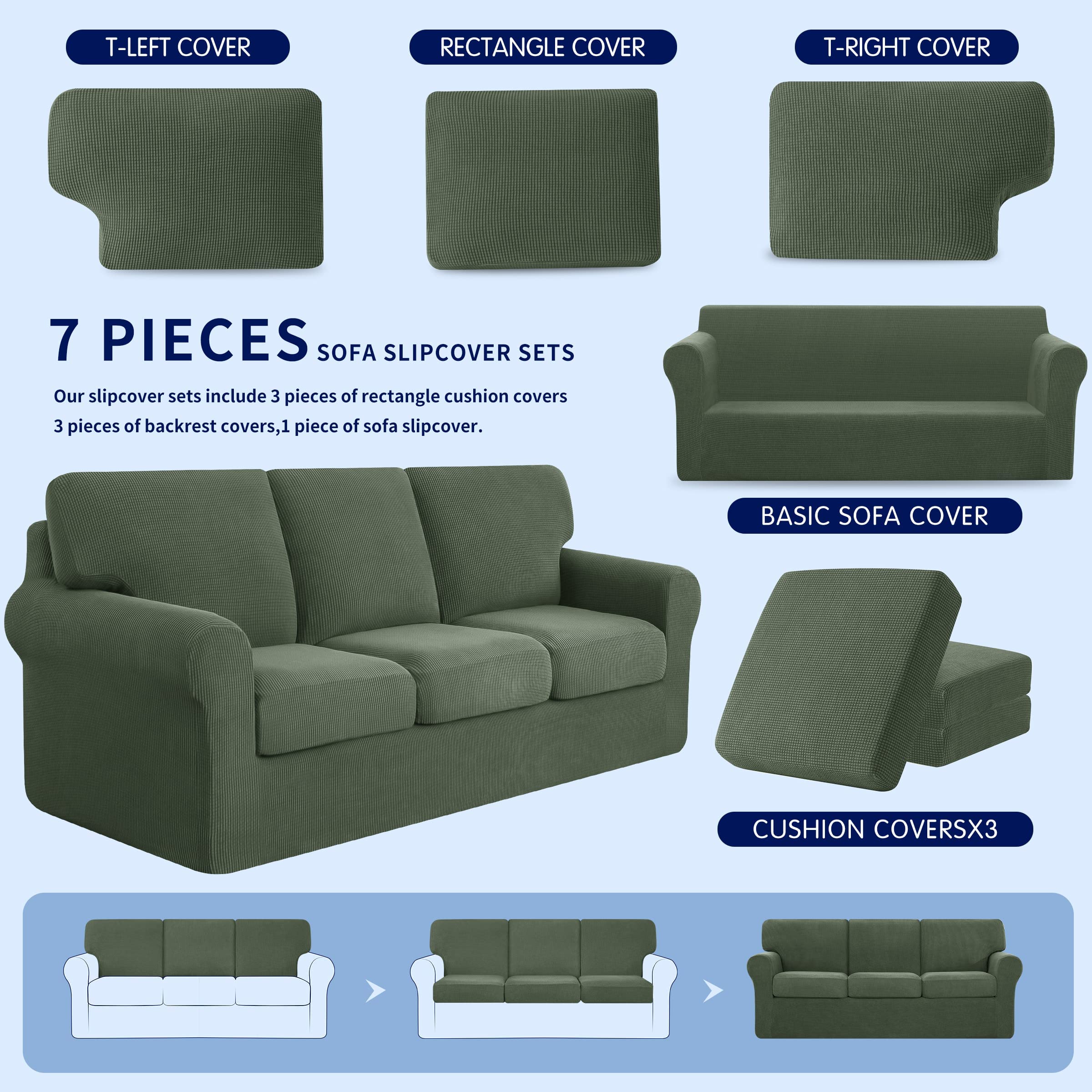 SUBRTEX 5-Piece Loveseat Cover & 7-Piece Sofa Cover Set - Stretch Couch Slipcover with Separate Backrest & Cushion Covers - Perfect for Living Room Furniture Protection (Medium/Large, Olive Drab) - Ideal for Pet Owners, Kids & Home Decor Refresh