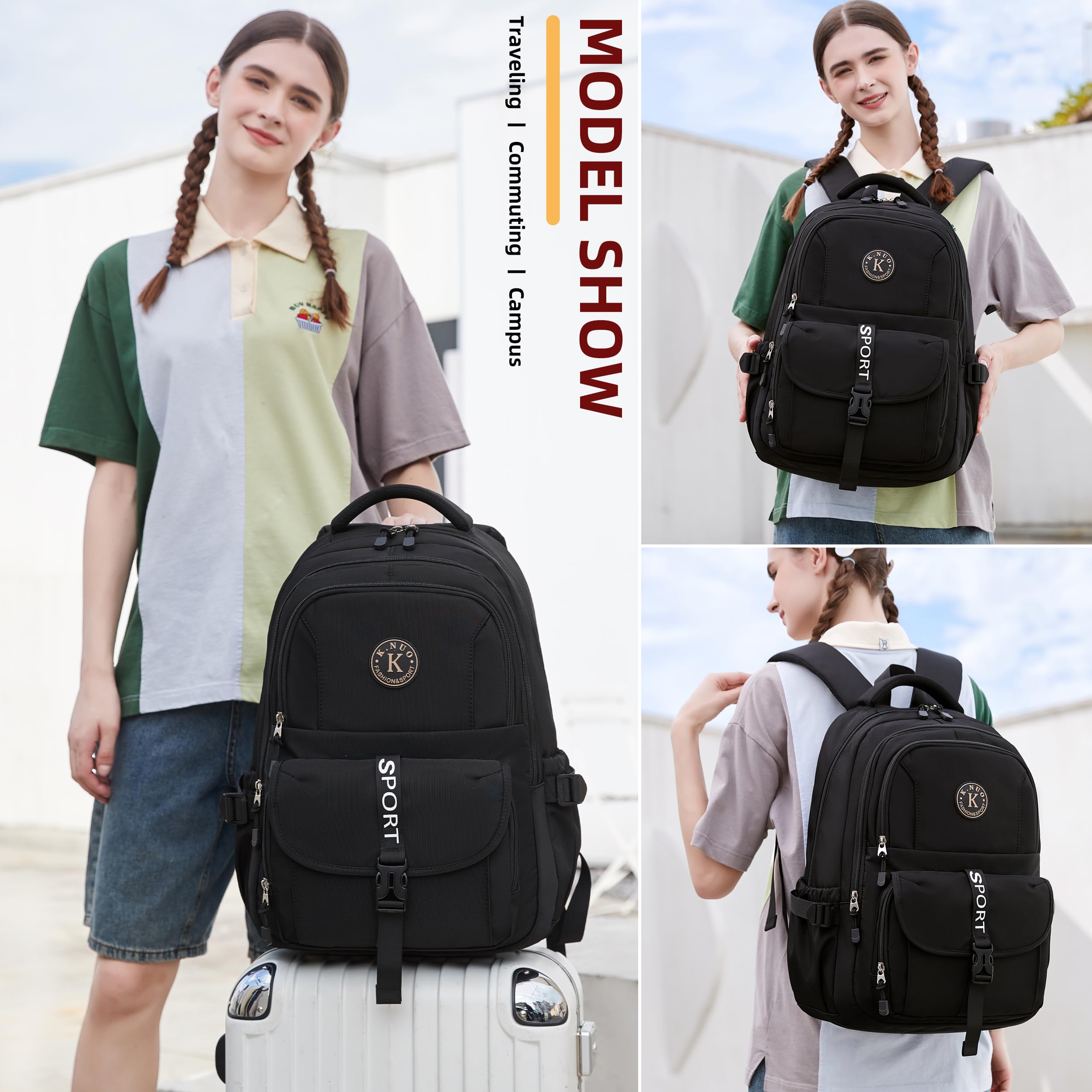 Stylish Waterproof College Backpack for Teens & Adults - 15.6 Inch Laptop School Bag for Students, Women & Men - Perfect for Travel, Work & Daily Commute - Durable Bookbag for School, Office & Business Trips - Black