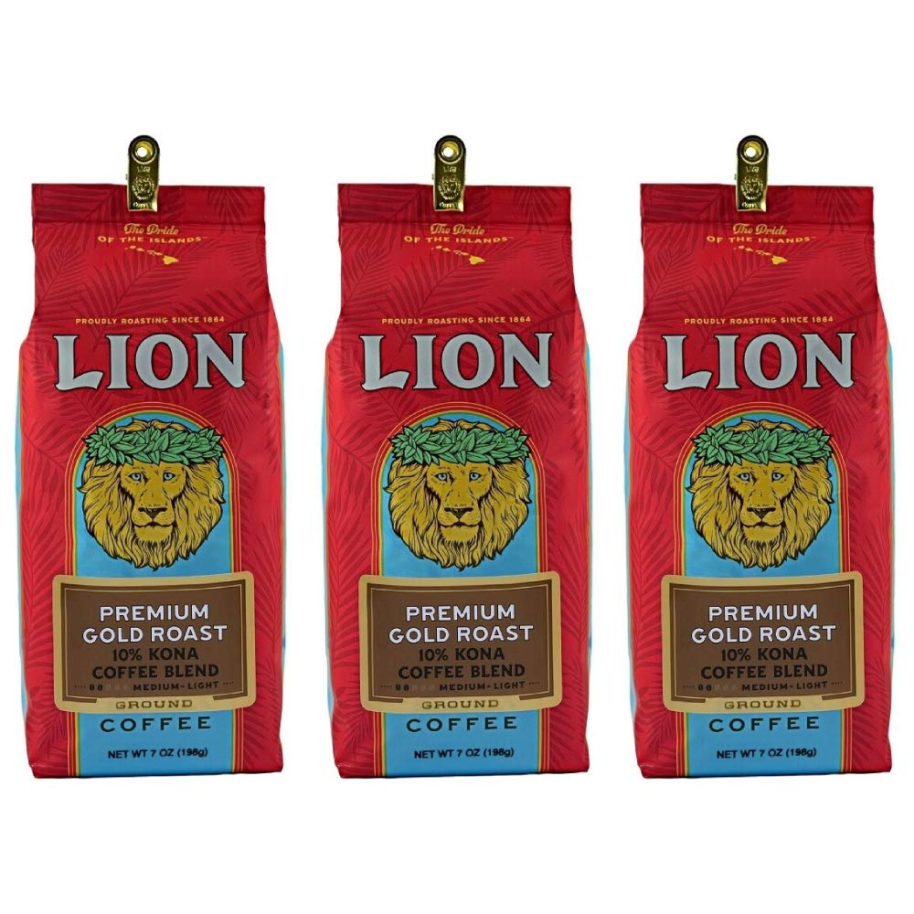 Lion Coffee Premium Gold Roast 10% Kona Coffee Blend Ground 7oz (3-Pack) - Rich & Smooth Flavor for Home Brewing, Office Use & Gifts