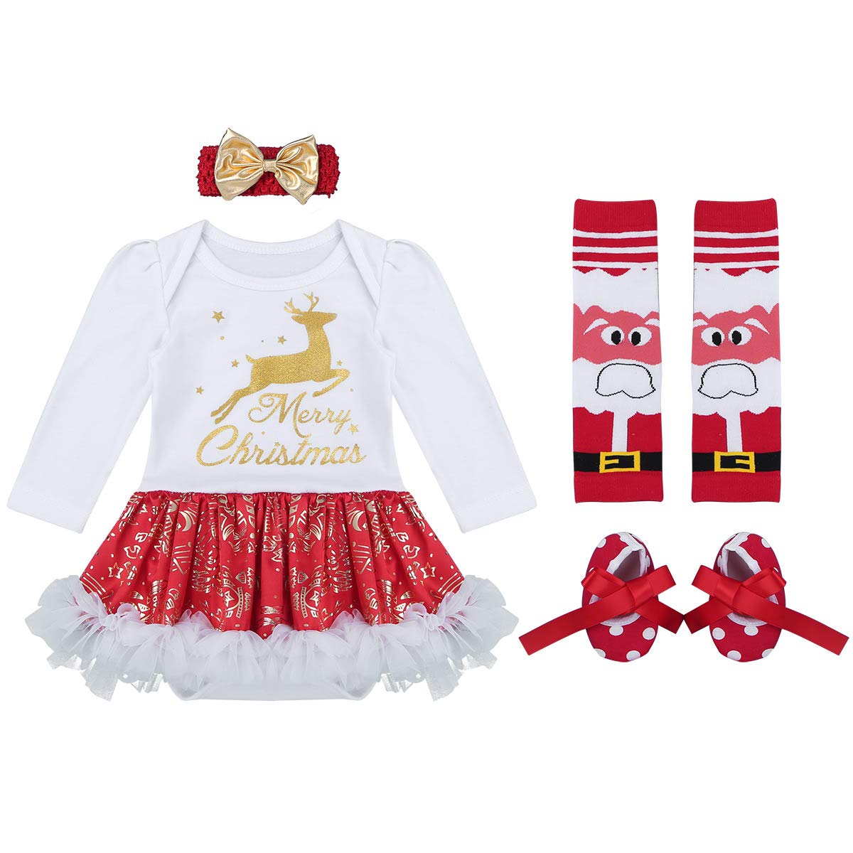 MSemis 4-Piece Christmas Outfit Set for Baby Girls - Romper, Headband, Leg Warmers & Shoes | Holiday Photo Shoot, Family Gatherings, Festive Celebrations