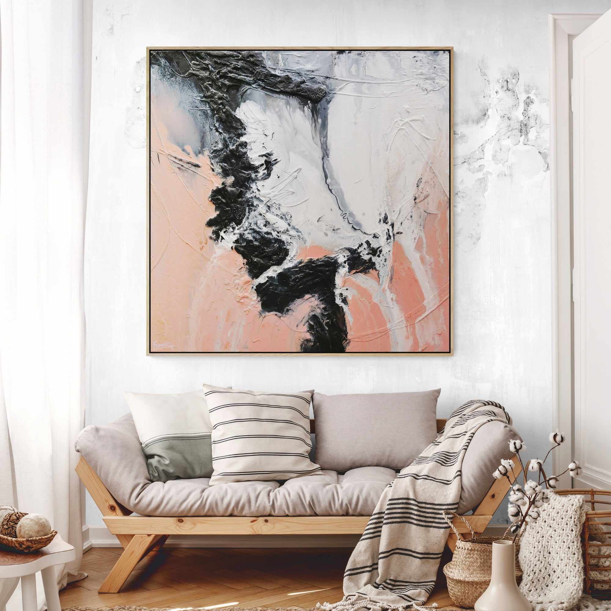 Luminous Ice 120x120cm Pink & White Textured Abstract Canvas Wall Art - Perfect for Modern Living Room, Bedroom & Office Decor
