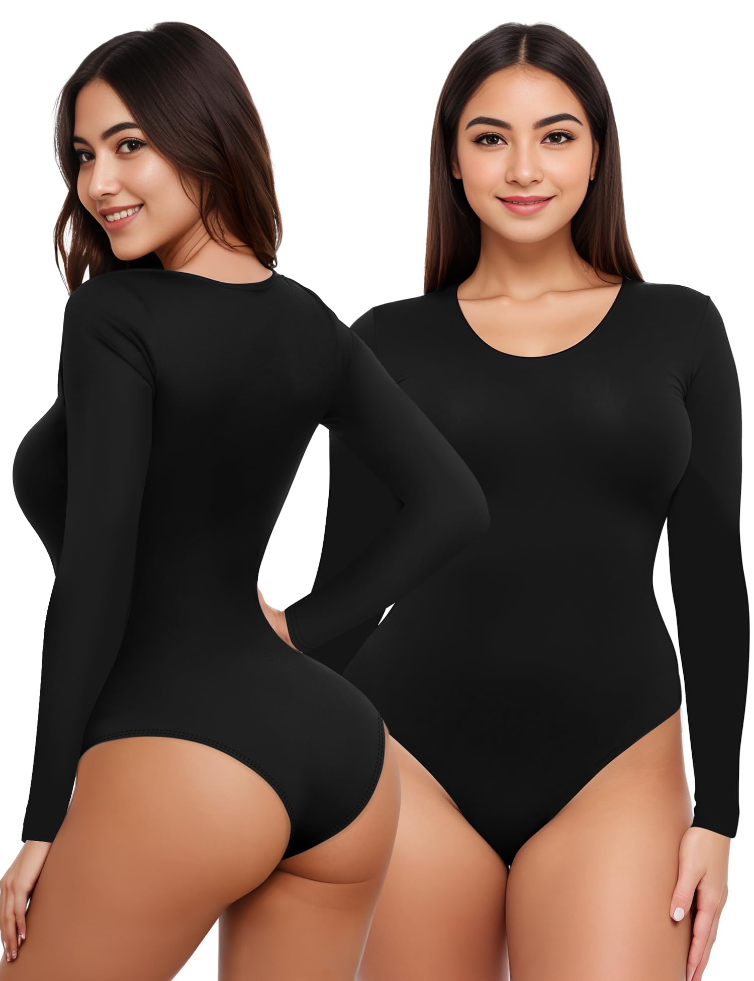 Women's Long Sleeve Bodysuit - Crew Neck Basic Top Stretchy Leotard Jumpsuit for Everyday Wear, Layering & Workout Outfits