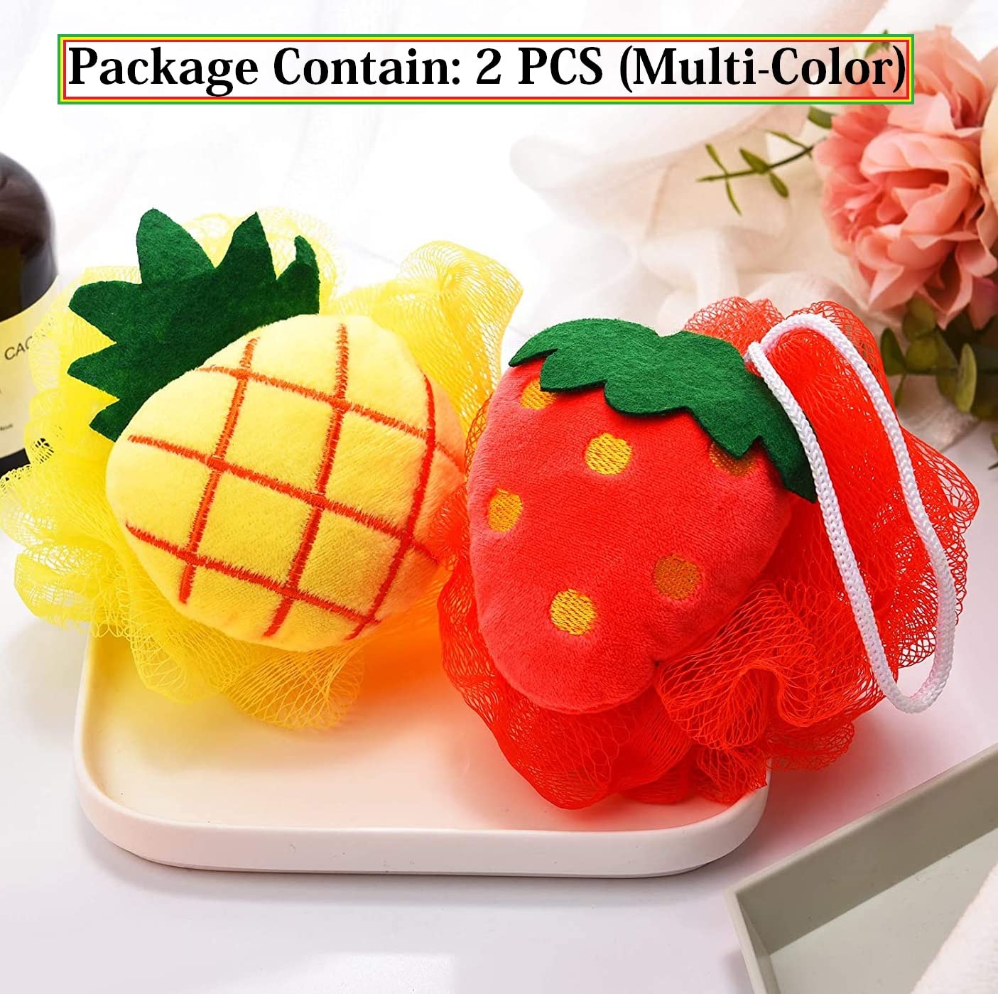 Bluwings Soft Baby Bath Loofah Scrubber - 2 Pack Fruit Design Shower Sponge for Gentle Skin Care, Women & Men - Perfect for Newborns, Kids & Sensitive Skin Bath Time