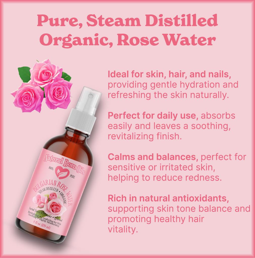 Natural Born Oils 8oz Rose Water Hydrosol - 100% Pure, Organic, Steam-Distilled Facial Toner & Cleanser with Sprayer | Hydrating Mist for Skin Care, Makeup Setting & Aromatherapy