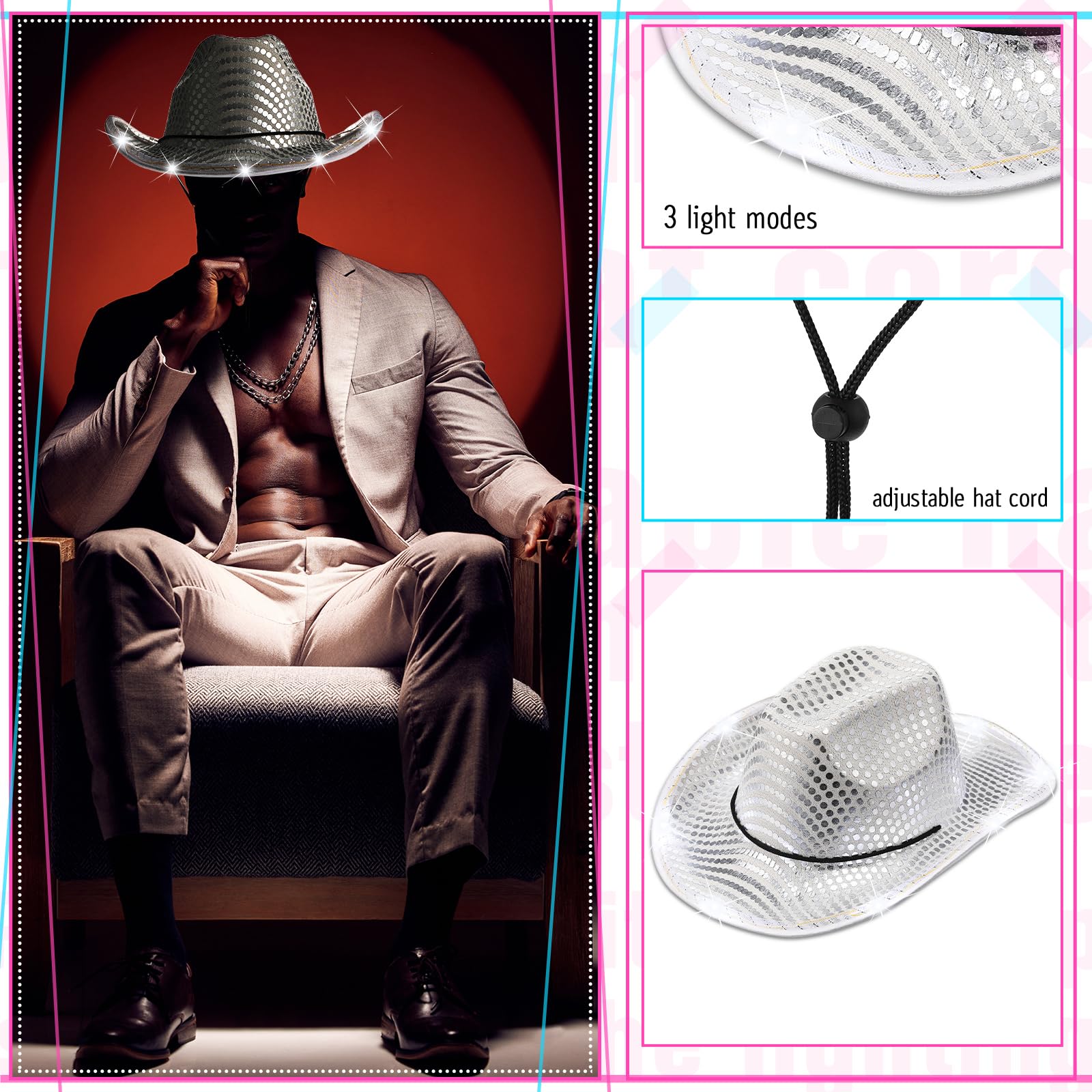20 Pack LED Flashing Cowboy Cowgirl Hats - Light Up Western Party Hats for Bachelorette, Wedding, Bridal Showers & Country Themed Events - Perfect for Night Raves, Concerts, and Festivals