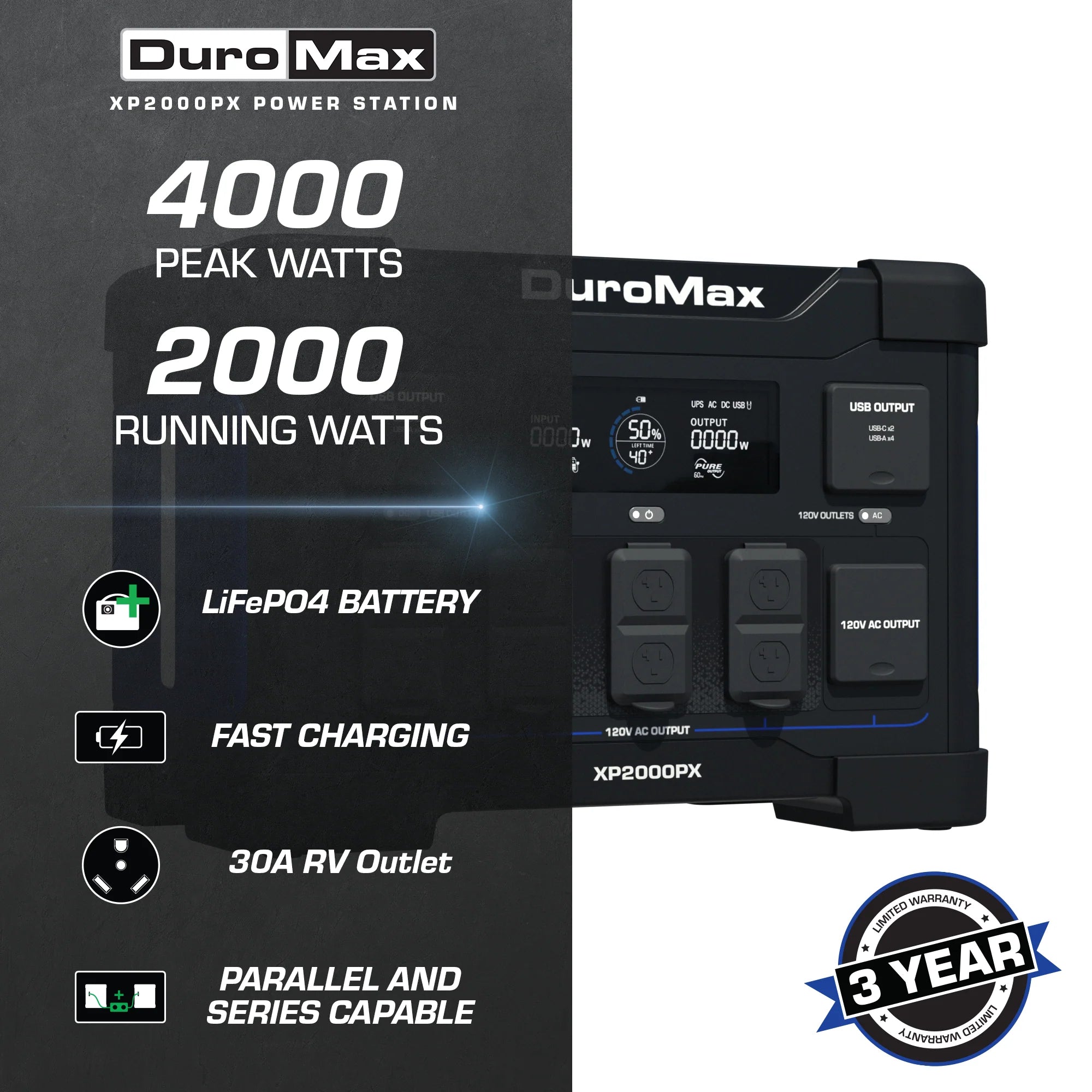 DuroMax XP2000PX 2000W Portable Power Station with 1843Wh LiFePO4 Battery - 30A Output for Camping, RV Trips & Emergency Backup Power