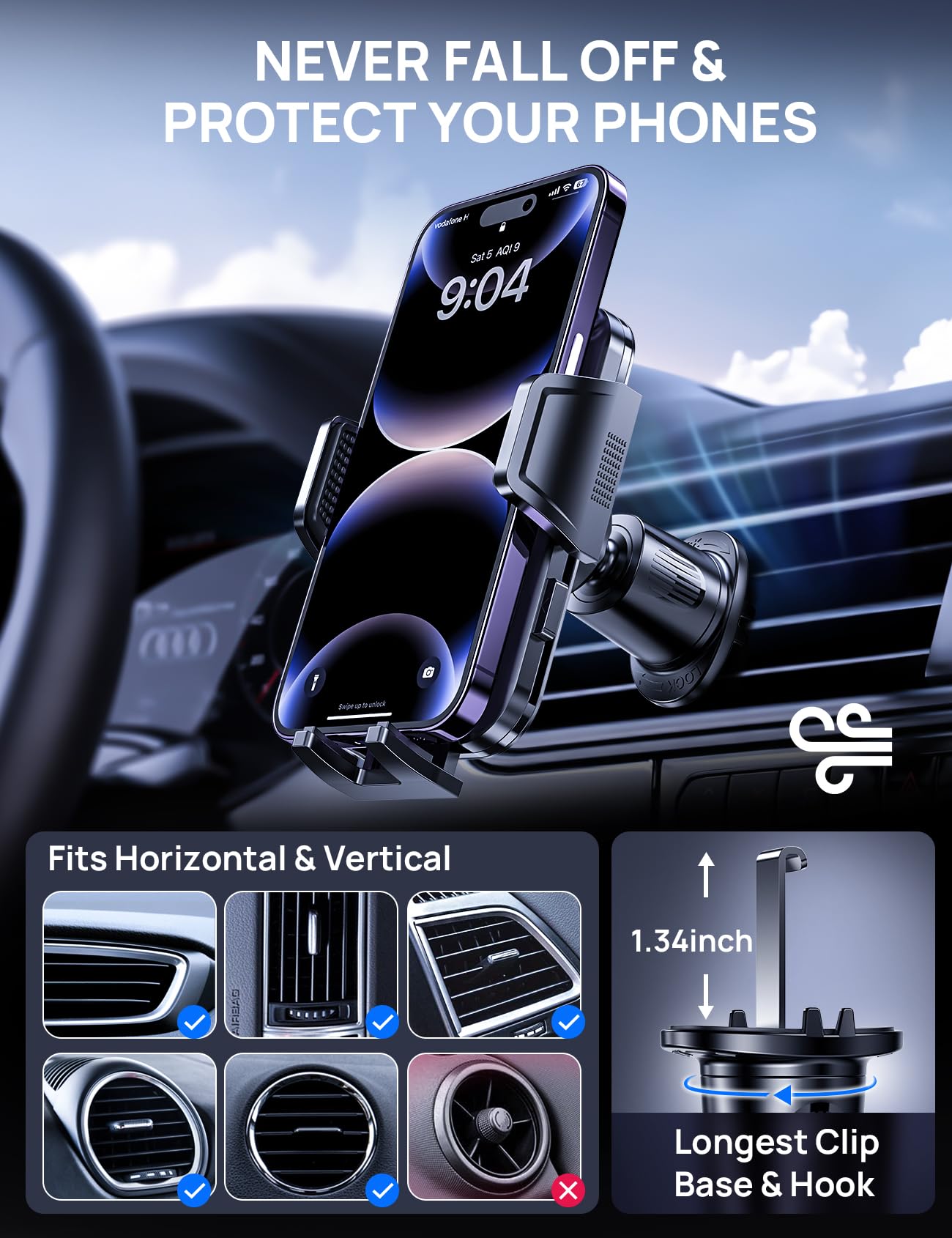 2025 Upgraded Car Vent Phone Mount - Adjustable 360° Rotation Hook Clip Holder for iPhone 15/14/13, Samsung Galaxy S23/S22 - Universal Phone Car Mount with Anti-Shake Design (Fits Thick Cases) - Perfect for Road Trips, Uber Drivers & Daily Commuting