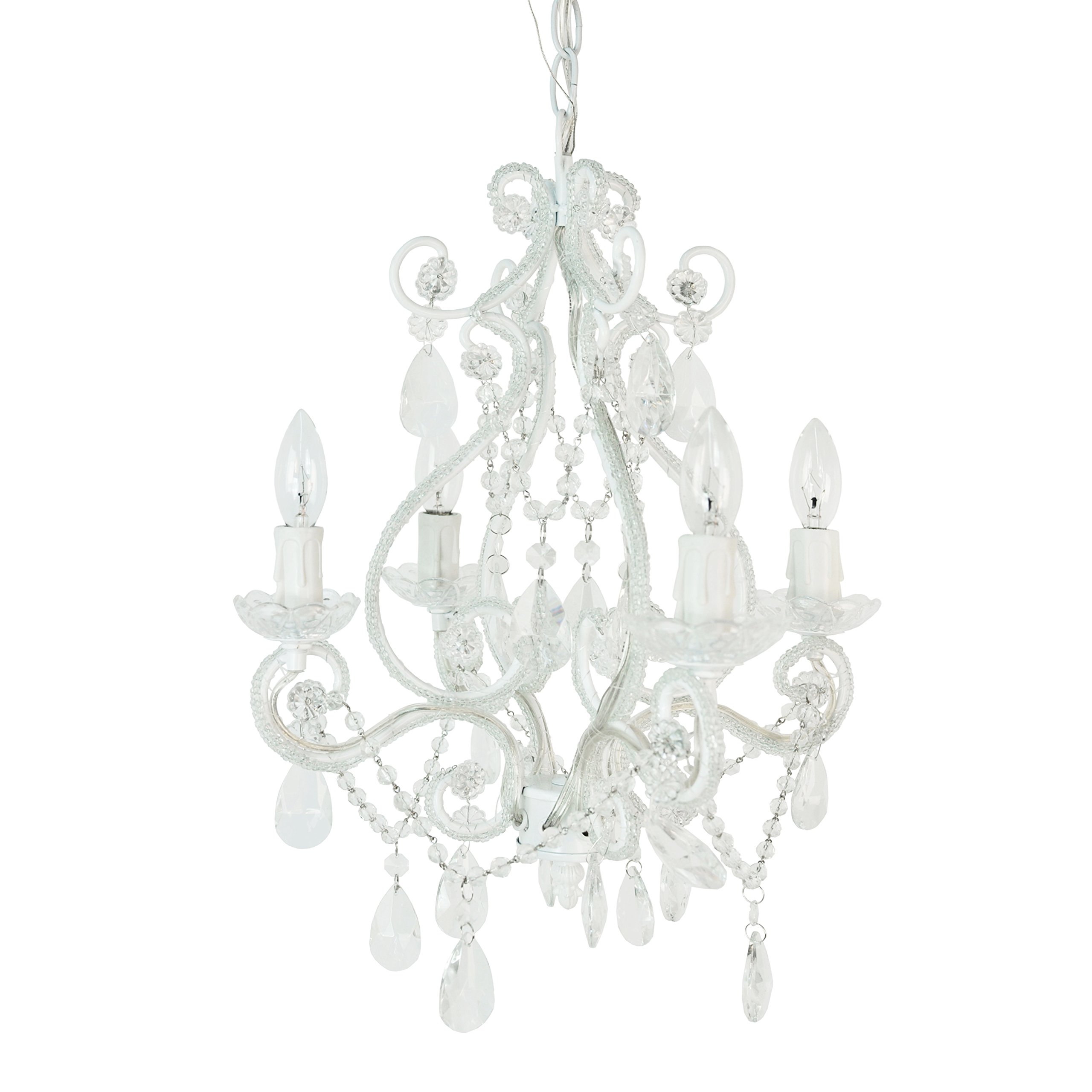 Vintage Mini 4-Bulb Chandelier Light Fixture - White Diamond Crystal Design | 14x14x17 Inches | Plug-in or Hardwired Installation | Uses 4x25W E12 Candelabra Bulbs | Acrylic & Glass Bead Faux Crystal Ceiling Pendant | Perfect for Bedroom, Dining Room, Living Room Decor