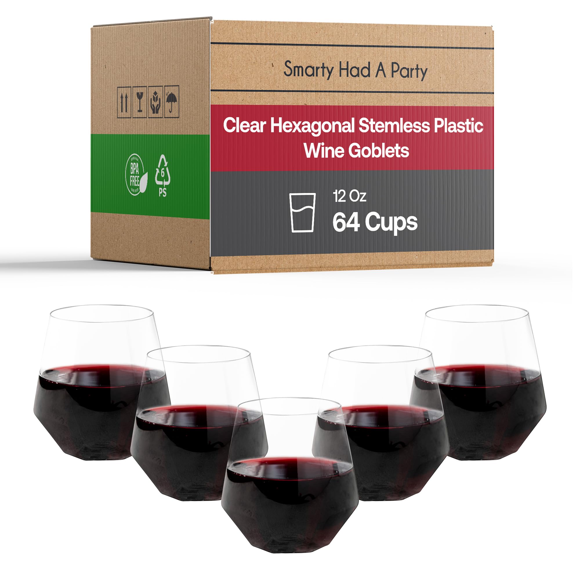 Smarty Had A Party 12 oz Clear Stemless Plastic Wine Goblets - Pack of 64 Unbreakable & Disposable Cups for Weddings, Parties, Events - Perfect for Outdoor Gatherings, Picnics & Catering