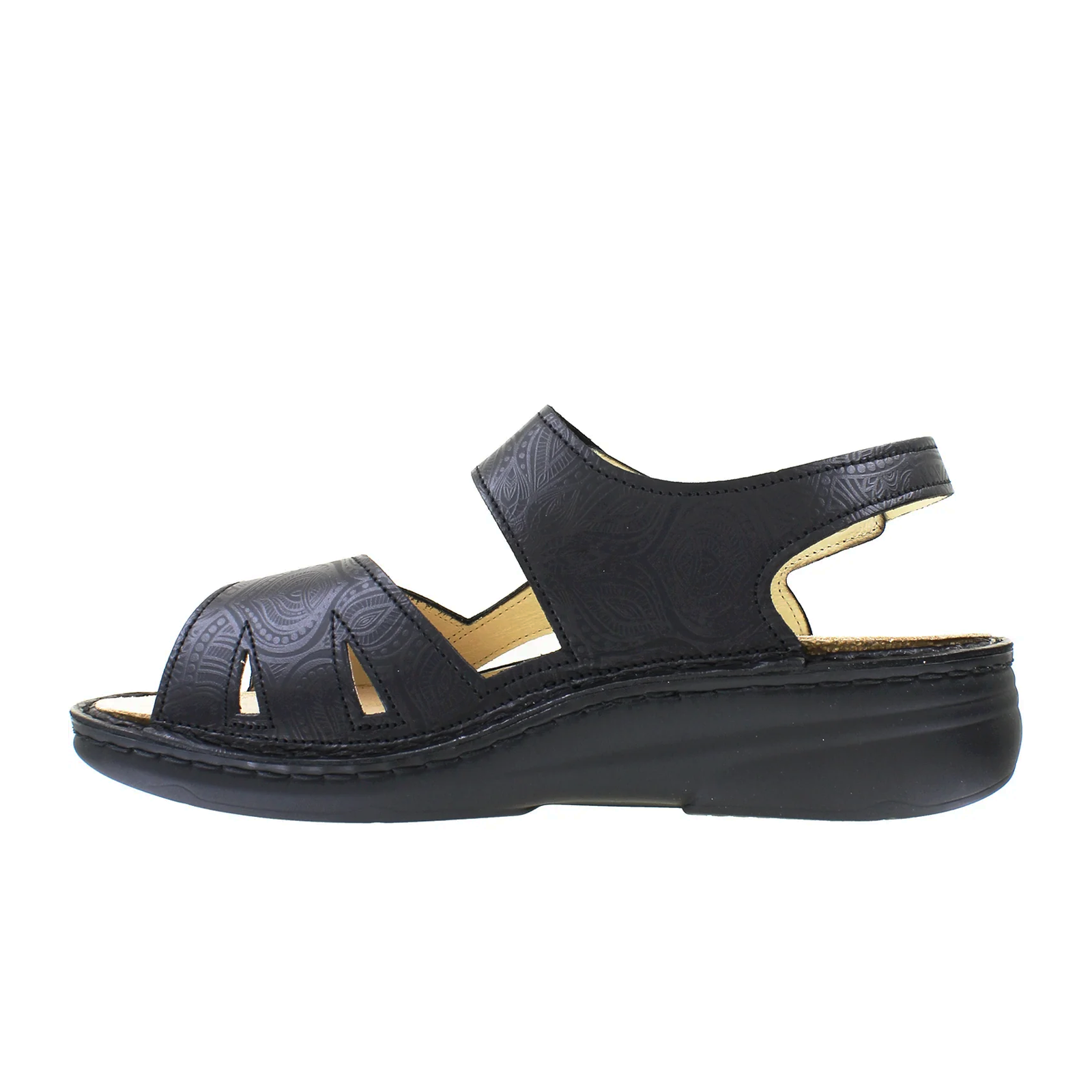 Finn Comfort Barbuda Backstrap Sandal for Women - Black Arabesque Leather Sandals | Comfortable Arch Support, Adjustable Straps | Perfect for Walking, Travel & Summer Outfits