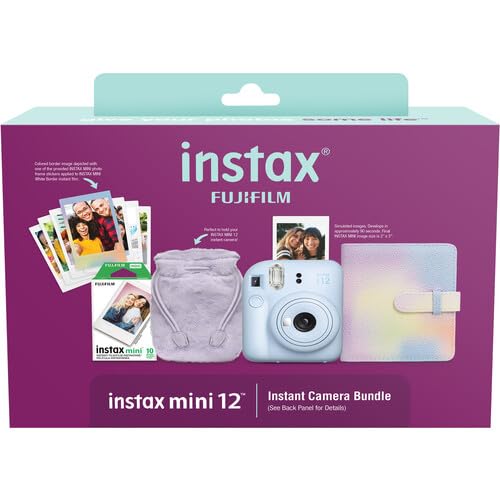 FujiFilm INSTAX Mini 12 Instant Camera (2024 Model) - Pastel Blue Holiday Bundle with 4 AA Batteries & Microfiber Cleaning Cloth | Perfect for Travel, Parties, and Memory Keeping