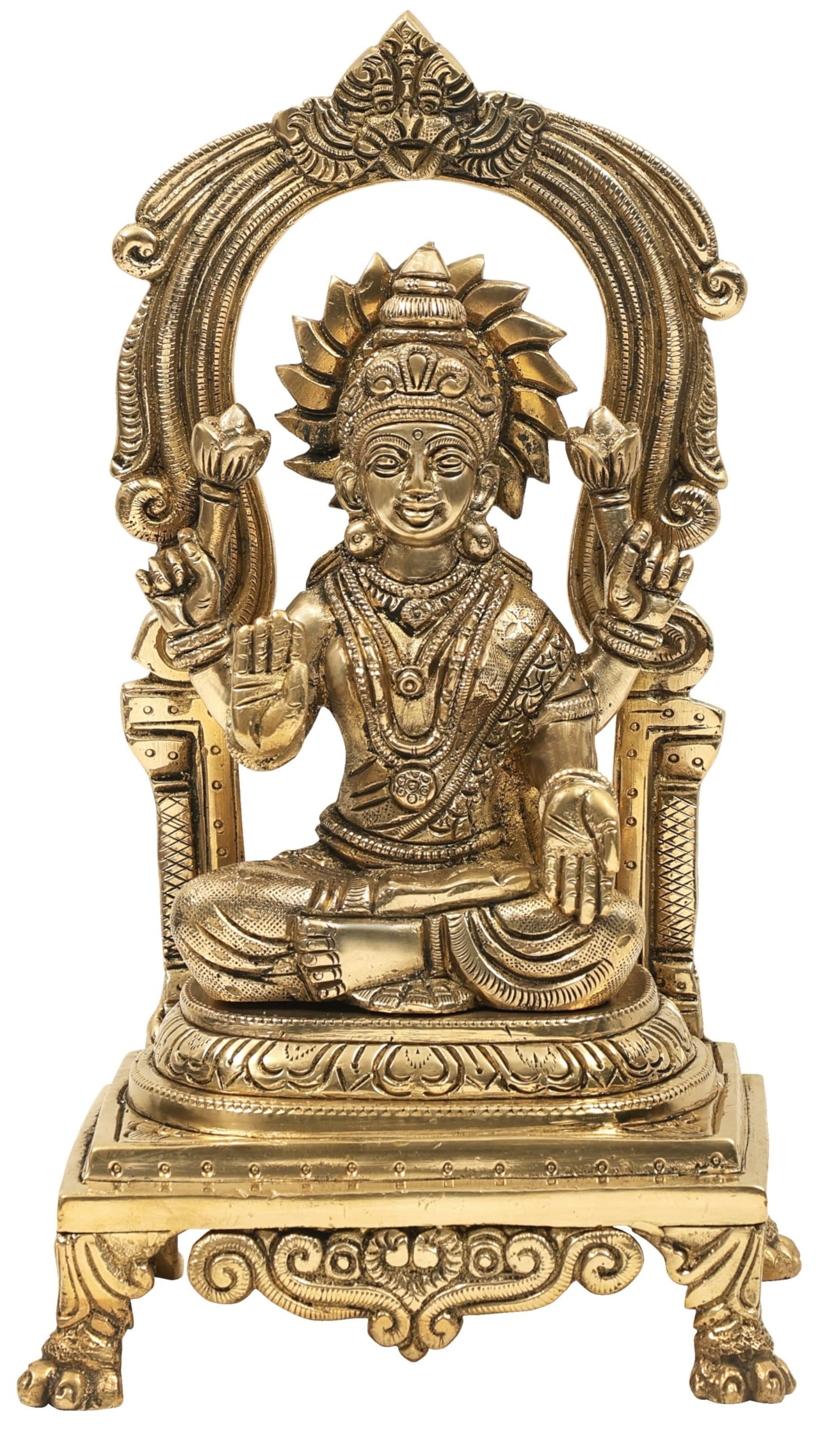 9 Inch Brass Goddess Lakshmi Statue Seated on Kirtimukha Prabhawali Throne - Handmade in India | Hindu Deity Home Decor for Altar, Meditation & Spiritual Gifts