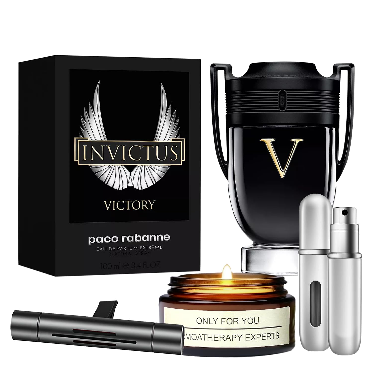 Invictus Victory Extreme Men's Eau de Parfum Gift Set - 3.4 oz EDT Spray with Lavender Soy Candle, Car Air Fresheners & Travel Atomizer | Perfect Cologne Gift for Him, Birthday & Anniversary Present | Office, Date Night & Special Occasion Fragrance