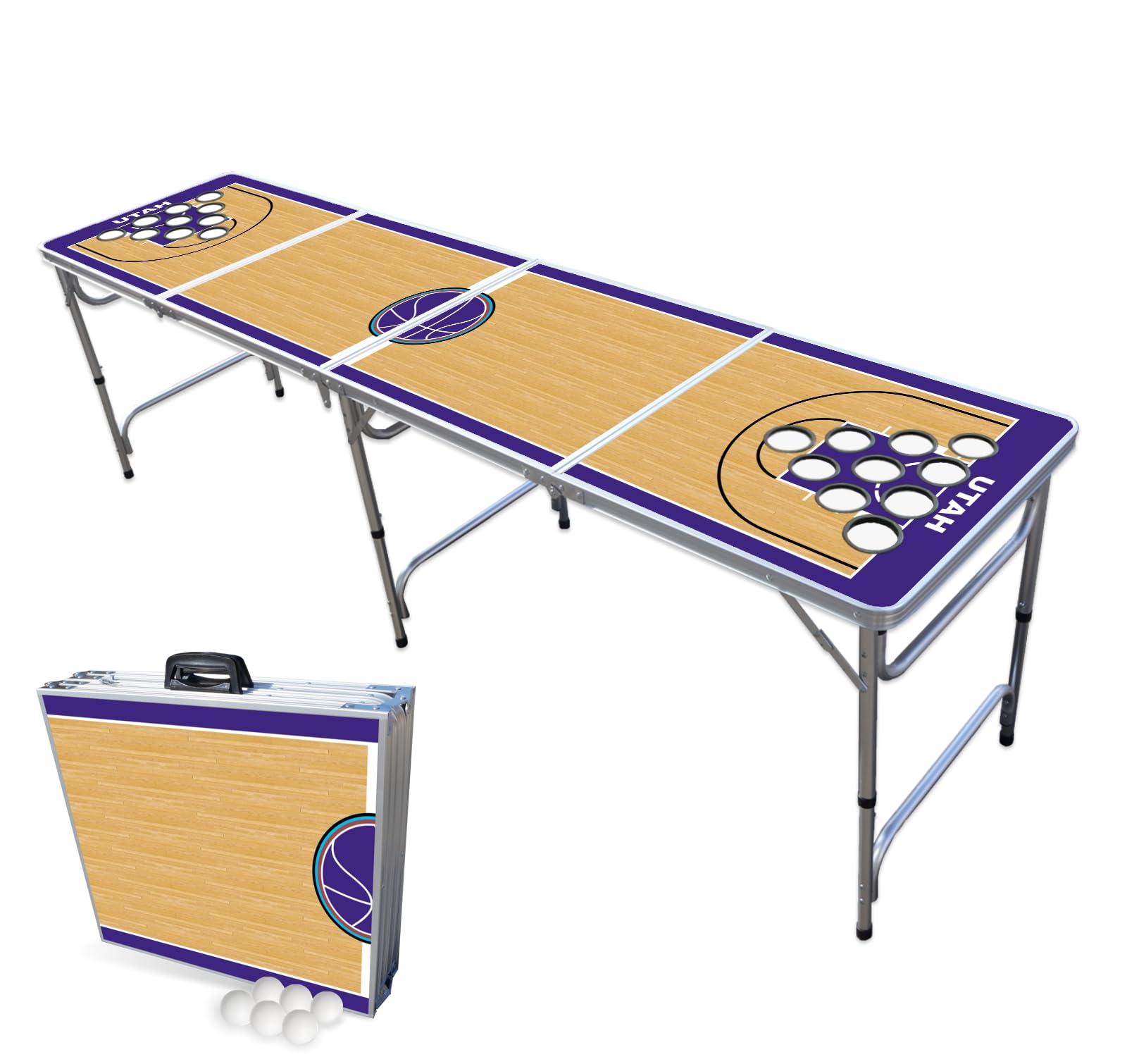 8-Foot Folding Portable Beer Pong Table with LED Lights & Cup Holders - Utah Basketball Court Design for Indoor/Outdoor Parties, Tailgates & Game Nights (Multiple Models Available)