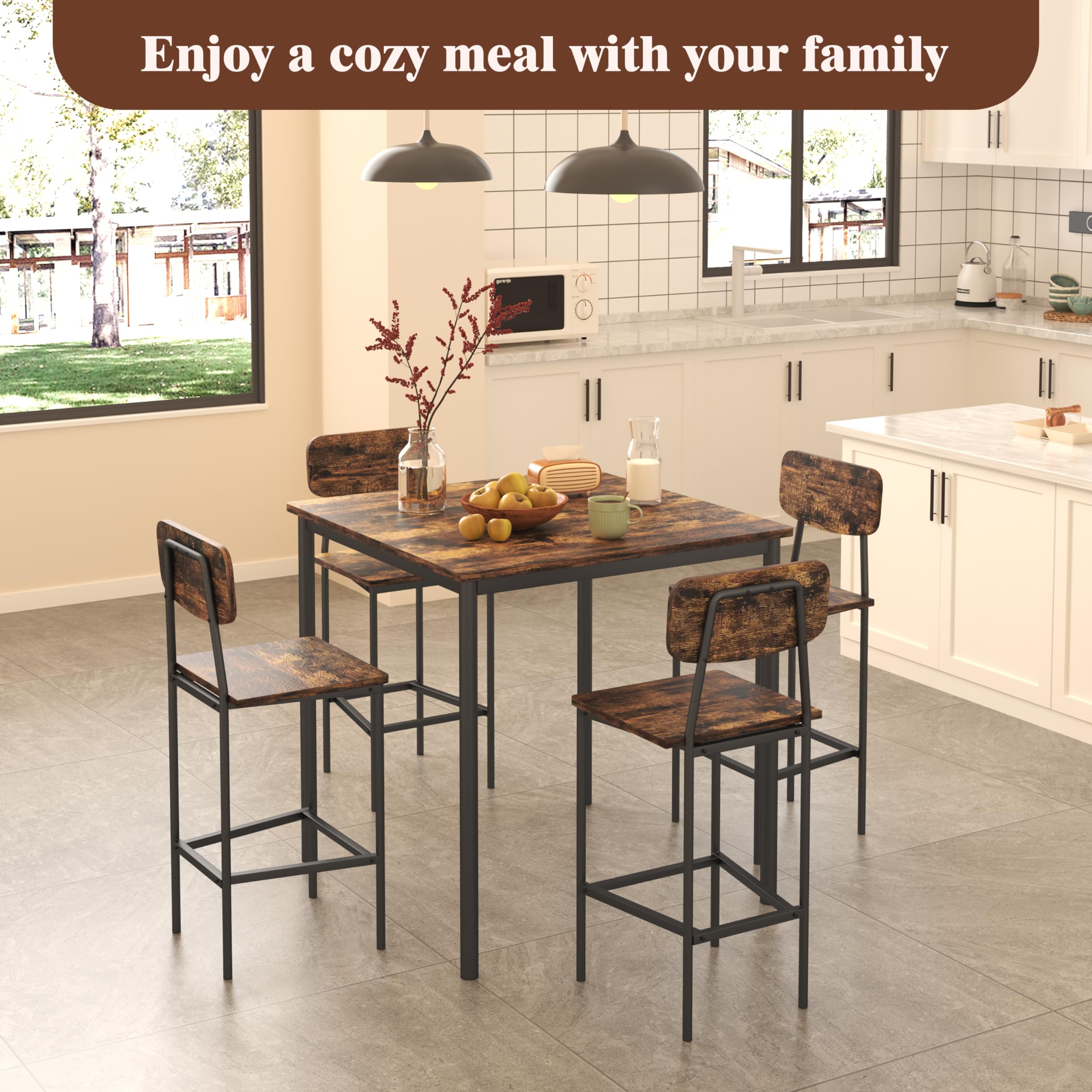 4-Piece Industrial Dining Table Set with Space-Saving Design - Rustic Brown Kitchen Table & Chairs for Family Dinners, Parties & Small Spaces | Perfect for Apartments, Breakfast Nooks & Cozy Gatherings