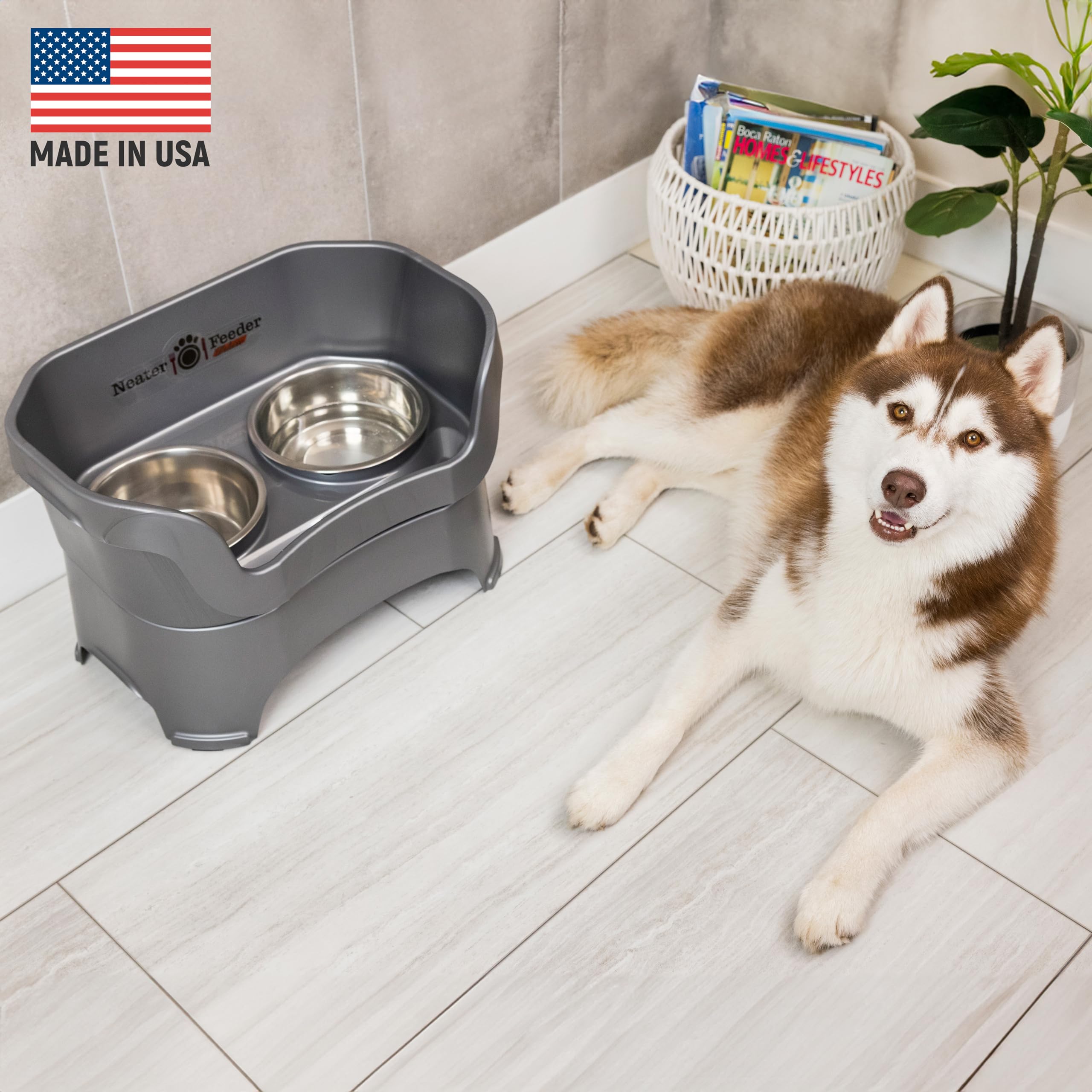 Neater Feeder Deluxe No Spill Elevated Dog Bowls for Large Breeds – Stainless Steel Pet Food & Water Bowl Set with Anti-Slip Stand – Made in USA – Grey – Perfect for Messy Eaters & Indoor/Outdoor Feeding Stations