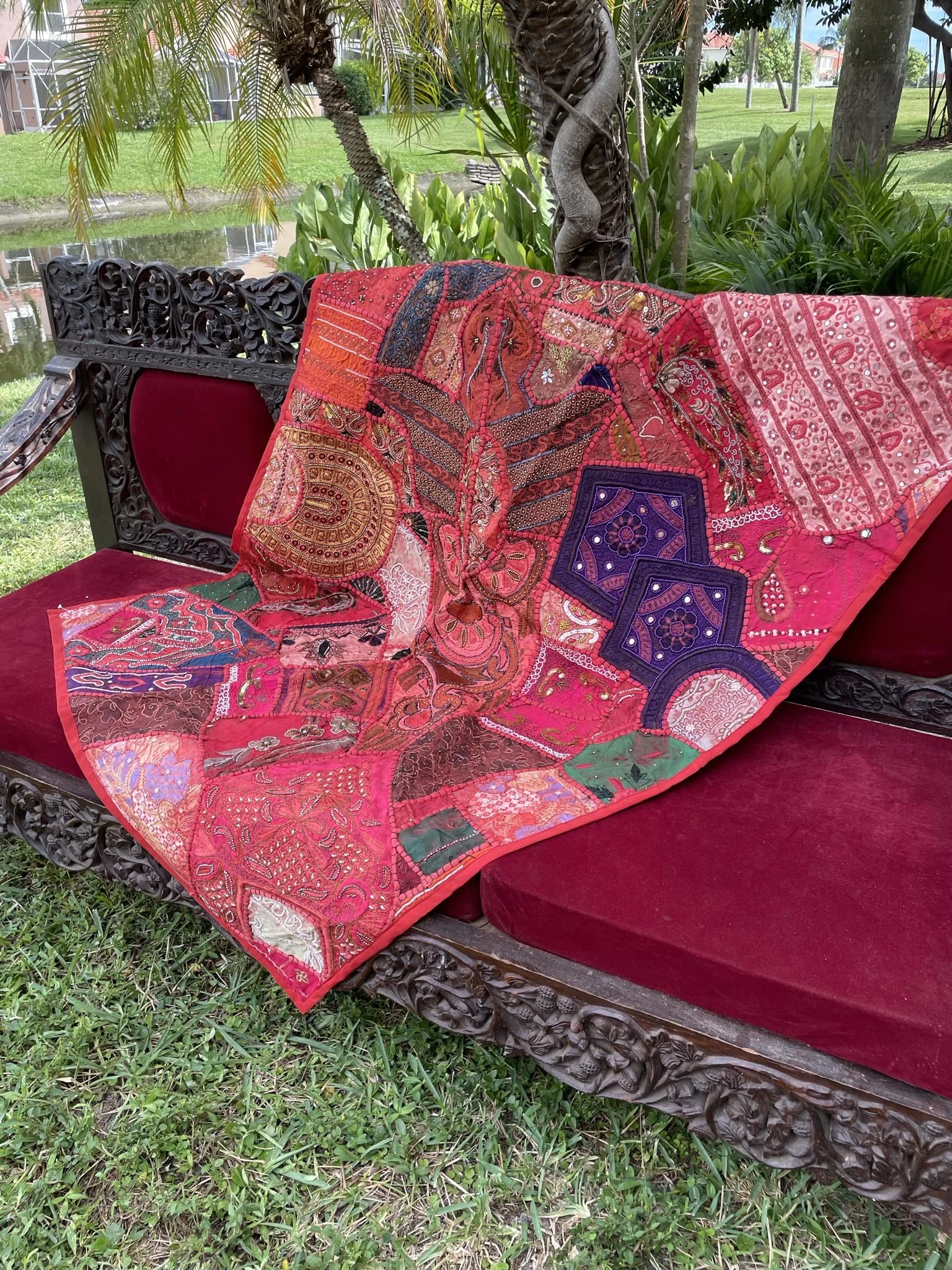 Exquisite Indian Sari Tapestry Wall Hanging - Red Passion Zardozi Embroidery for Boho Home Decor | Perfect for Living Room, Bedroom, or Meditation Space