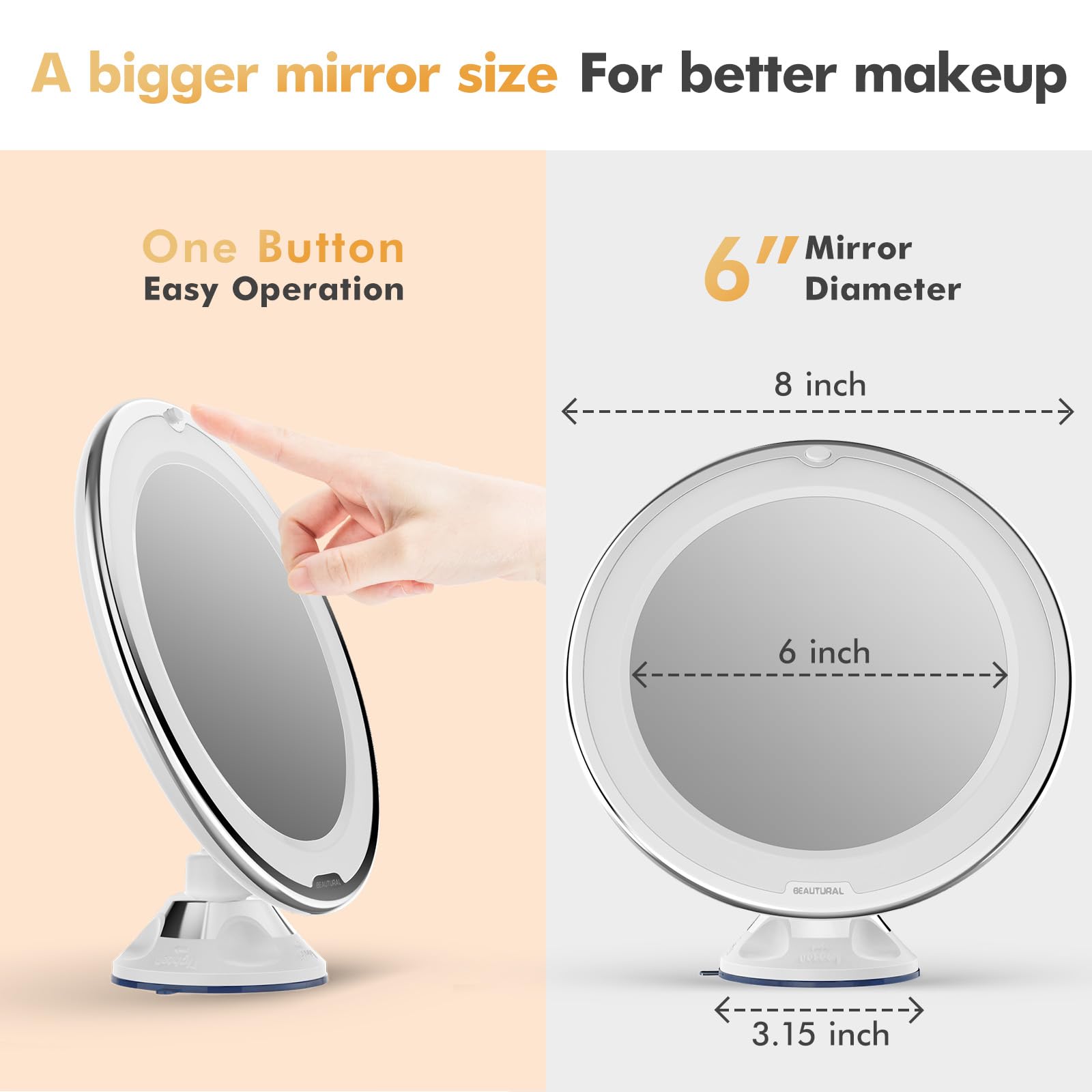 BEAUTURAL 10X LED Makeup Mirror with Suction Cup - 360° Rotation for Bathroom & Travel