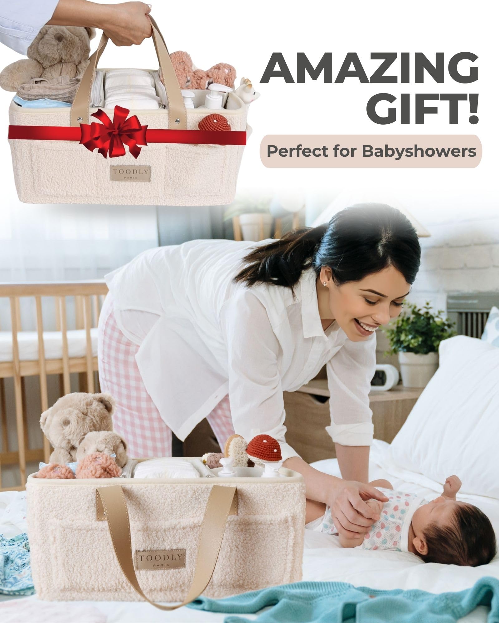 **Baby Diaper Caddy Organizer - Nursery Storage Basket with Handle, Beige Teddy Sherpa | Baby Shower Gift, Registry Must-Have & Newborn Essentials | Perfect for Diaper Changes, Baby Care & Nursery Organization**
