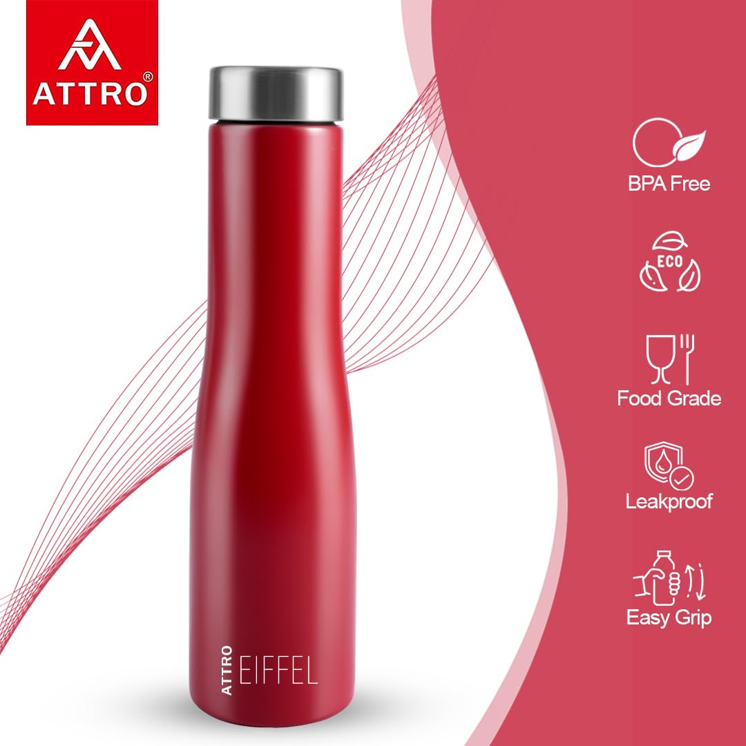 ATTRO Eiffel 1000ml Stainless Steel Water Bottle - BPA-Free, Leak Proof, Single Wall Design for School, Office, Gym & Outdoor Activities - Set of 2 Red Insulated Bottles for Hot & Cold Drinks