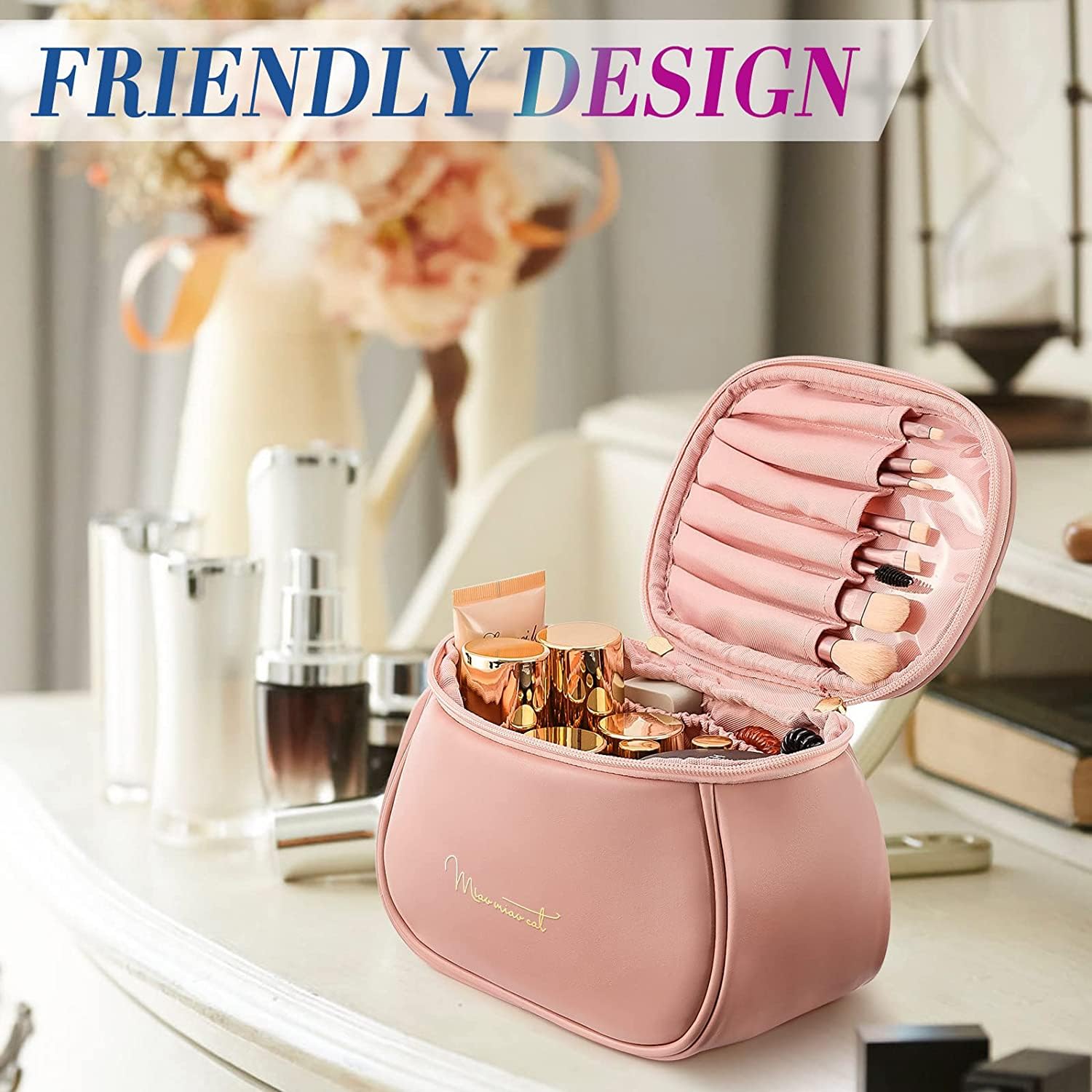 Juflix 2023 Women's Travel Makeup Bag - PU Leather Waterproof Cosmetic Organizer with Handle for Makeup Brushes, Lipstick, Perfume & Toiletries | Perfect for Vacation, Gym & Daily Use
