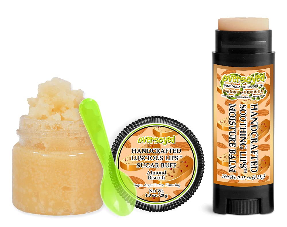 OverSoyed Almond Biscotti Lip Care Set - Exfoliating Sugar Scrub & Moisturizing Balm for Dry, Chapped Lips | Anise Ginger Caramel Flavored | Handcrafted Artisan Lip Treatment | Perfect Gift for Skincare & Self-Care Routine