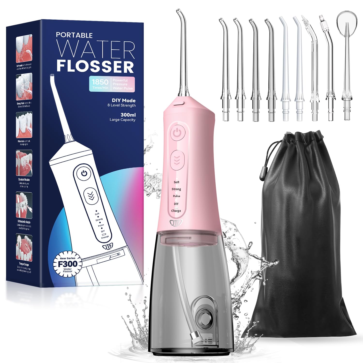 JTF Cordless Water Flosser for Teeth Cleaning - 300ML Portable Oral Irrigator with 4 Modes & 9 Jet Tips, Rechargeable IPX7 Waterproof Dental Water Flosser for Home & Travel (Pink) | Perfect for Braces, Implants, and Gum Care