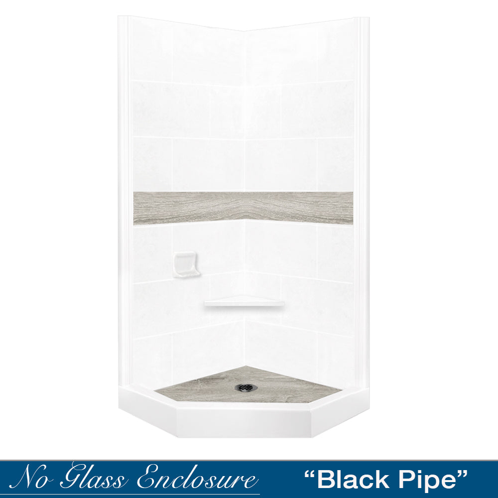 DIY Shower Remodel Kit - Neo Angle Natural Buff Sistine Stone & Sterling Oak Wood Accent | Waterproof Bathroom Upgrade for Modern Homes | Perfect for Bathroom Renovation & Luxury Spa Experience