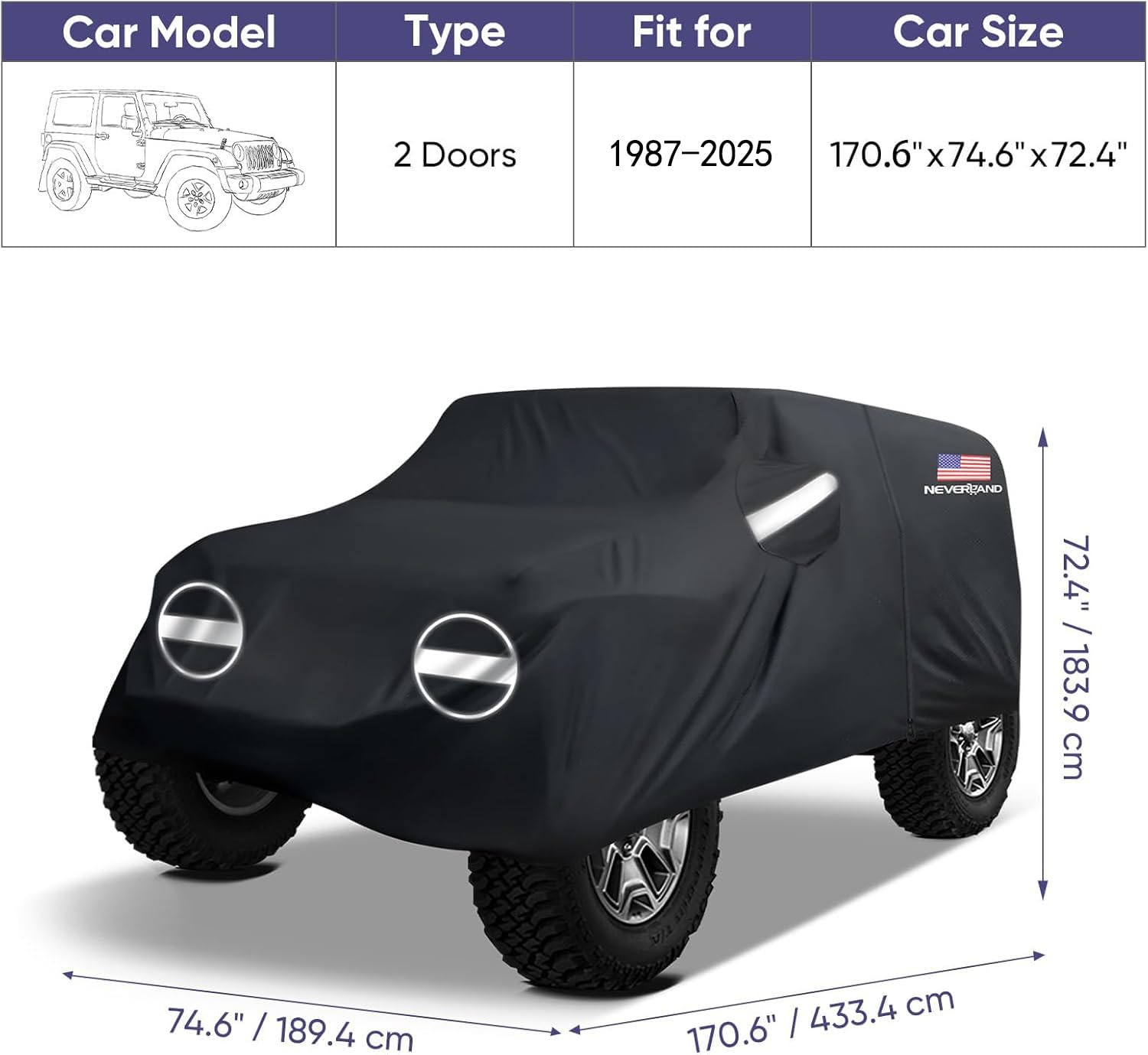 NEVERLAND Waterproof All-Weather Car Cover for Jeep Wrangler 2 Door (Fits JK JL JLU JKU 2007-2025 Models) - UV Sun & Rain Protection with Convenient Door Zipper - Perfect for Outdoor Parking & Vehicle Storage