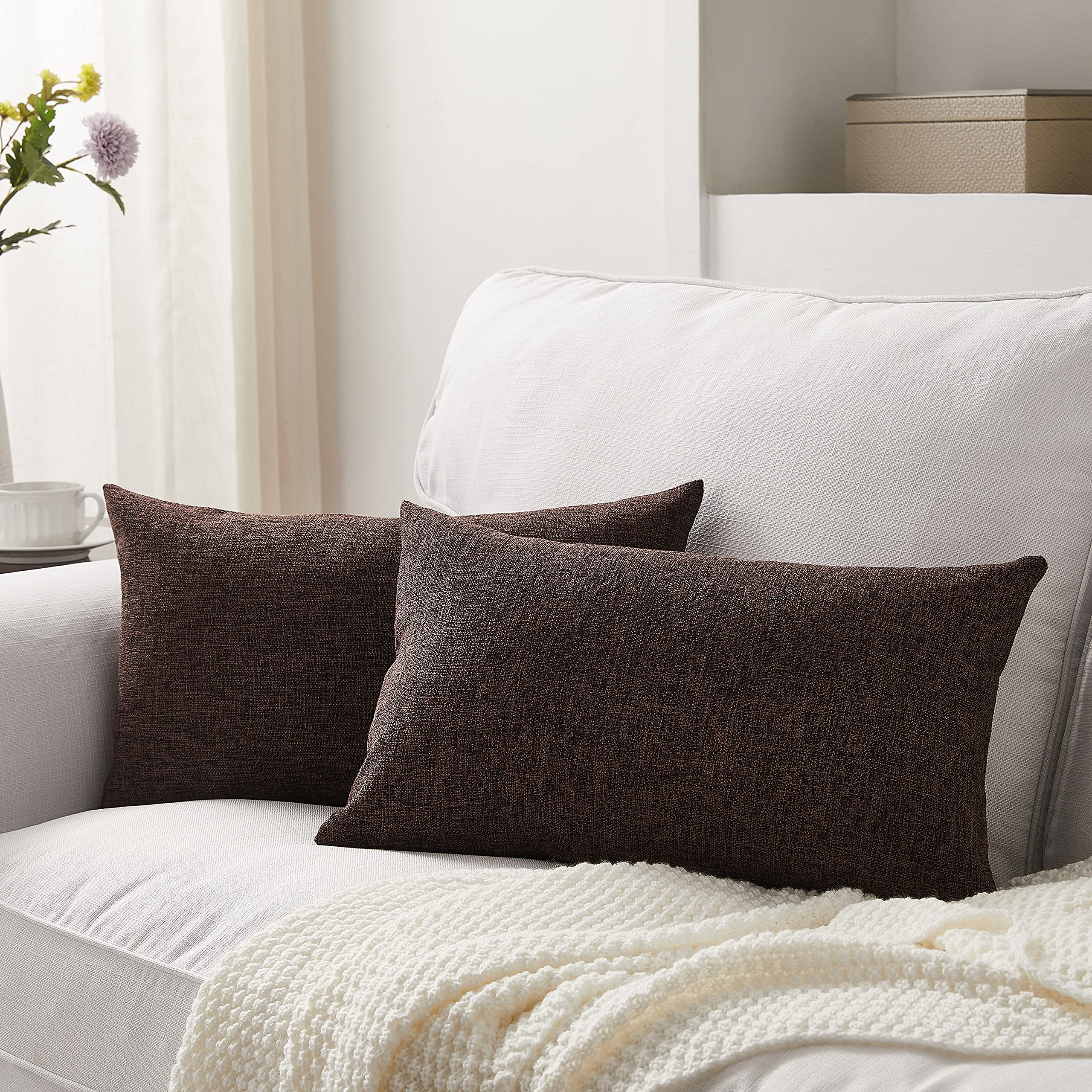 Meekio Set of 2 Brown Boho Farmhouse Decorative Throw Pillow Covers 12x20 Inch - Linen Cushion Covers for Sofa, Couch, Bed & Home Décor - Perfect for Living Room, Bedroom & Cozy Farmhouse Style