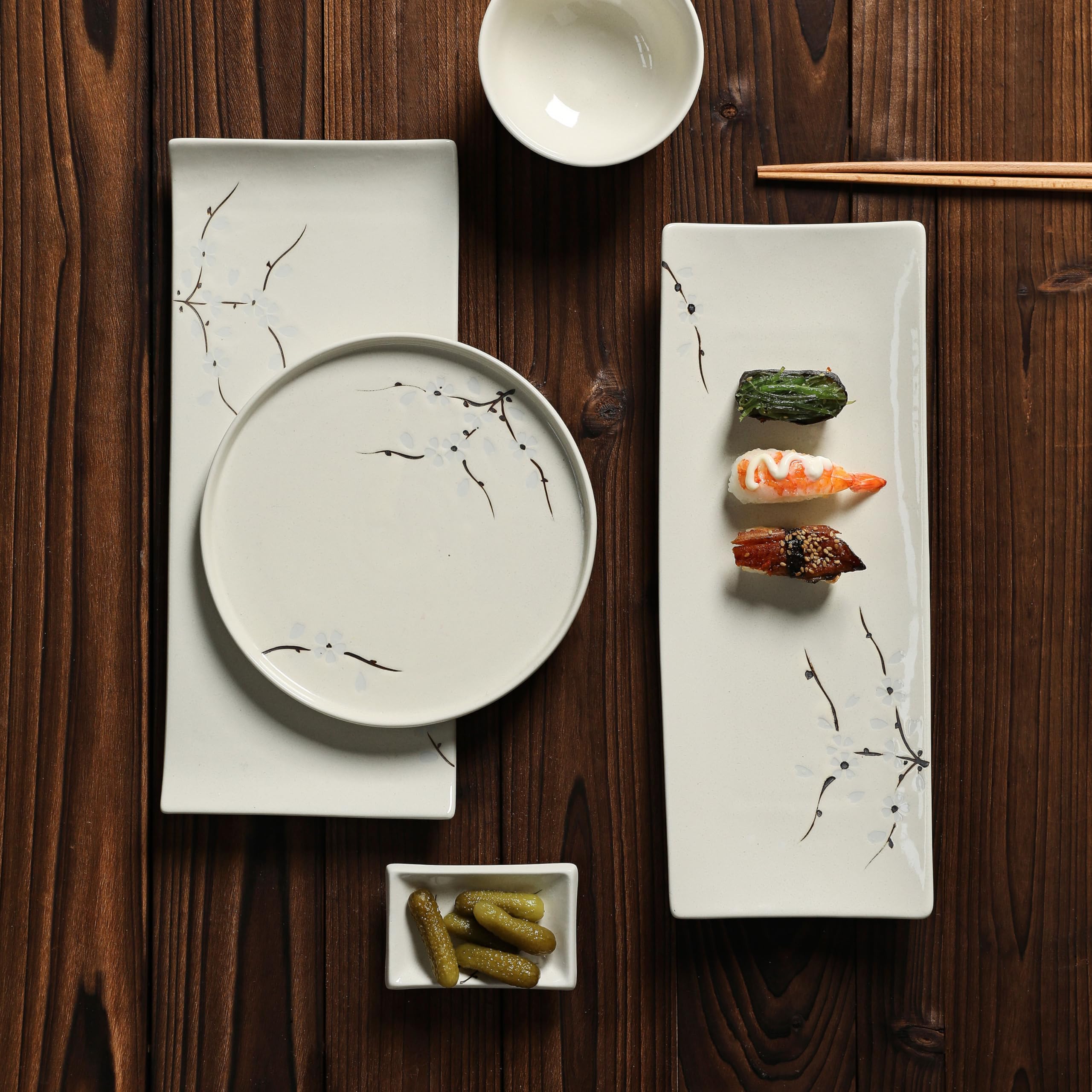 4 Inch Ceramic Sauce Dish - Japanese Rectangular Sushi Dipping Bowl, Seasoning Dishes & Appetizer Plates (4-Pack, White Sakura) - Perfect for Home Kitchen, Sushi Restaurants & Party Serving