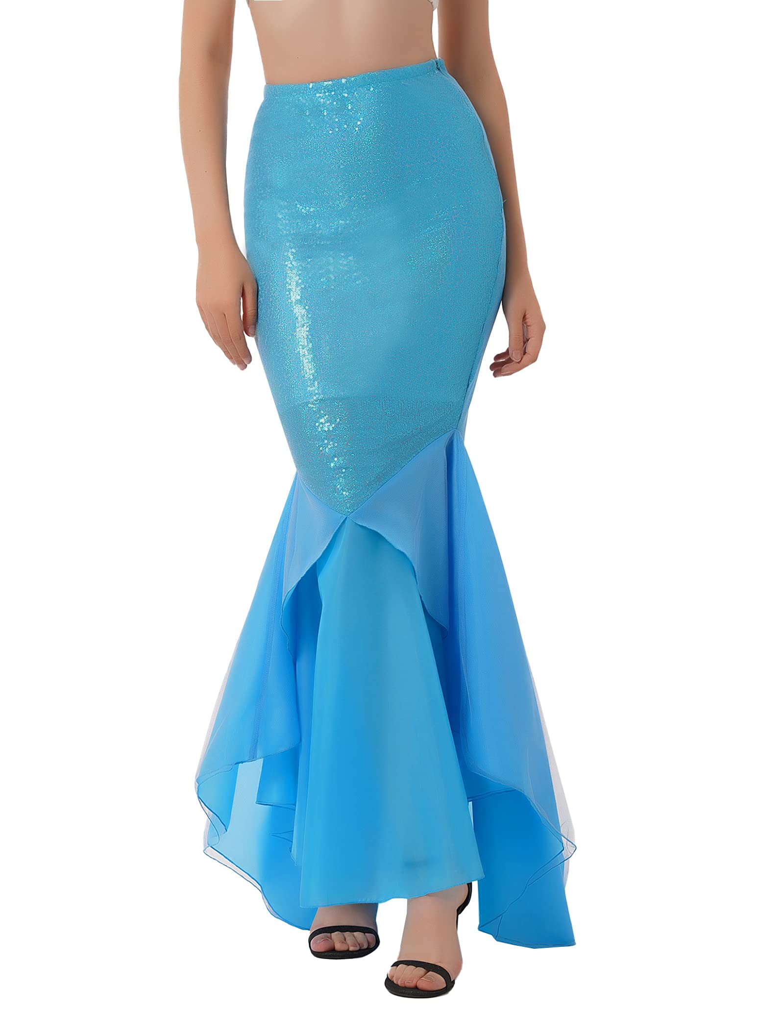 Women's Blue Mermaid Tail Halloween Costume - Sparkling Sequins Princess Maxi Skirt with Asymmetric Hem for Cosplay, Party & Dress Up | Perfect for Halloween, Themed Parties & Mermaid Costume Events