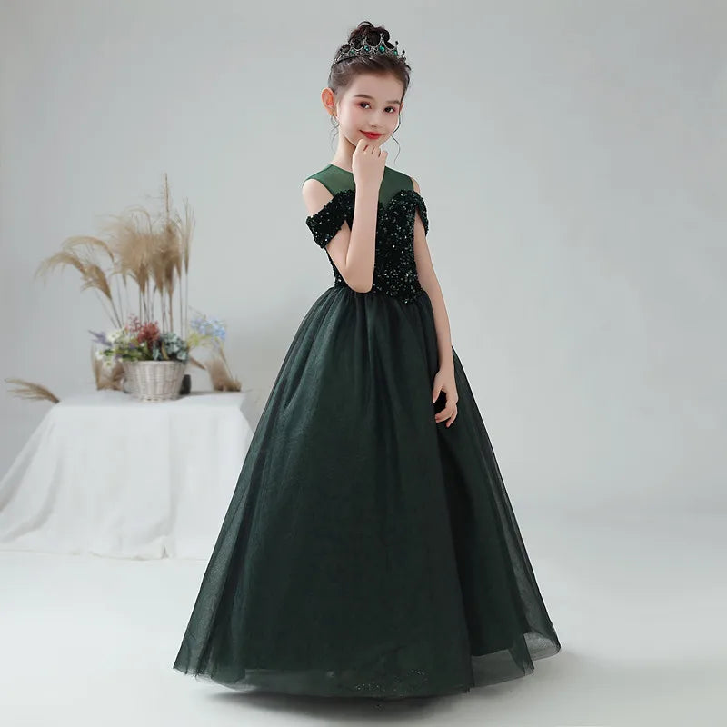 Elegant Girls Formal Party Gown - Long Tulle Flower Girl Dress with Sparkling Sequins | Perfect for Weddings, Pageants & Special Occasions