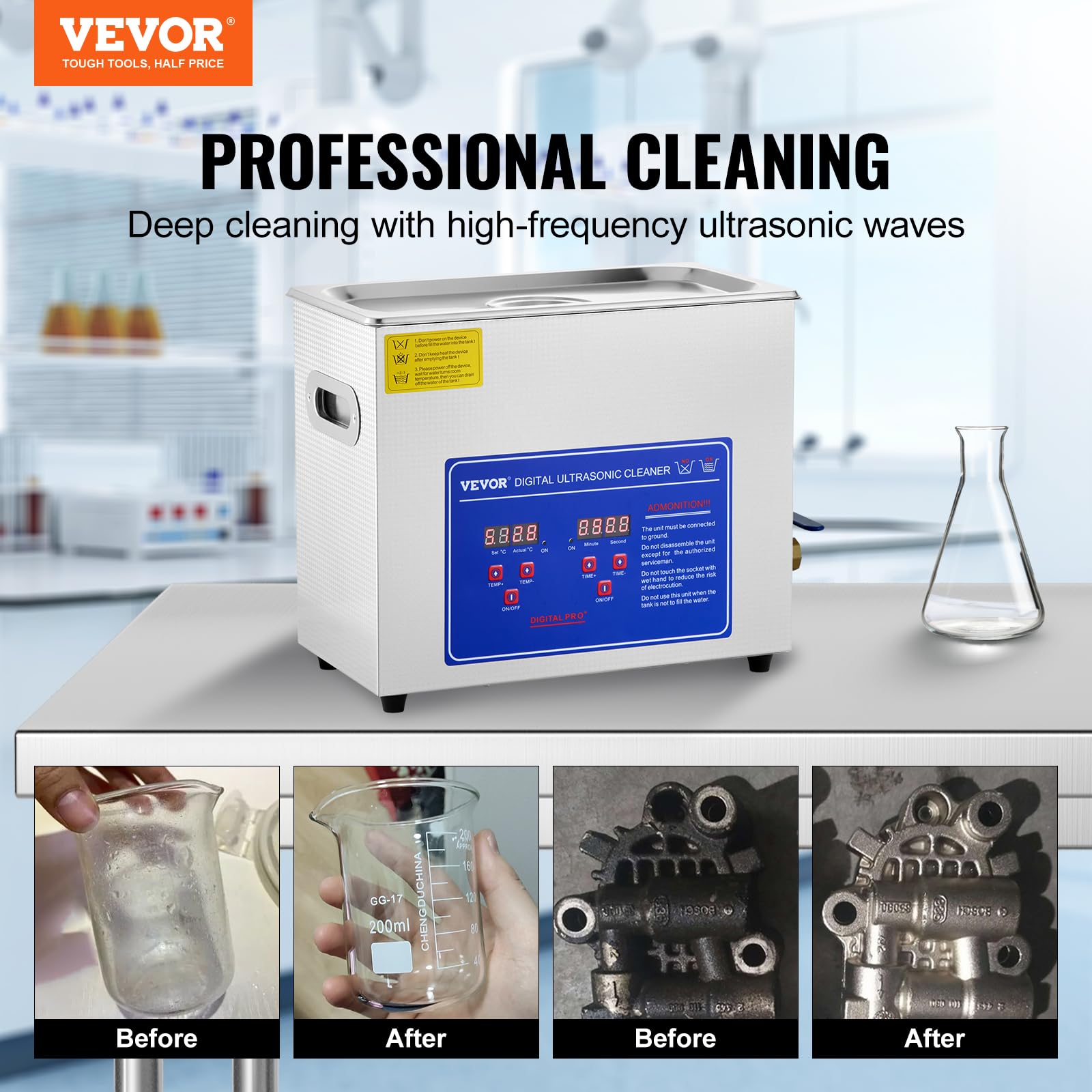 VEVOR 6L Commercial Ultrasonic Cleaner with Digital Timer & Heater, 40kHz Professional Cleaning Machine for Jewelry, Watches, Industrial Parts - Perfect for Home, Lab, and Workshop Use