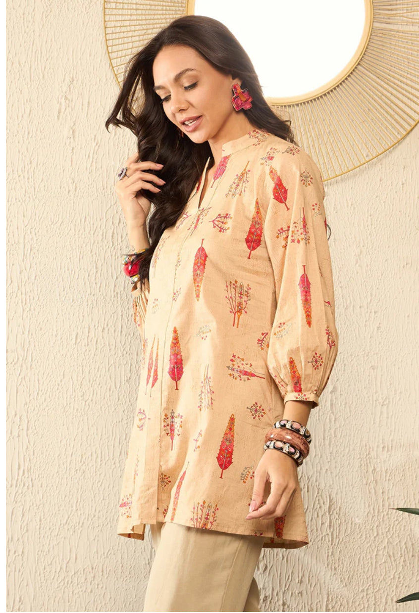 Beige Cotton Blend Floral Printed Regular Top for Women | Casual Summer Tops | Perfect for Outings, Dates & Office Wear