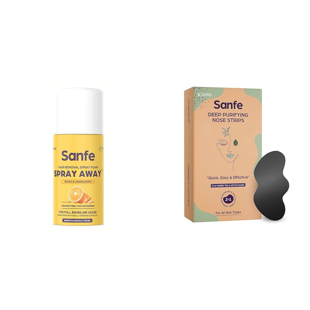 Sanfe Painless & Detan Hair Removal Spray Cream - 25ml | Deep Purifying Nose Strips for Blackheads | Smooth Skin Care for Women & Men | At-Home Spa & Beauty Routine