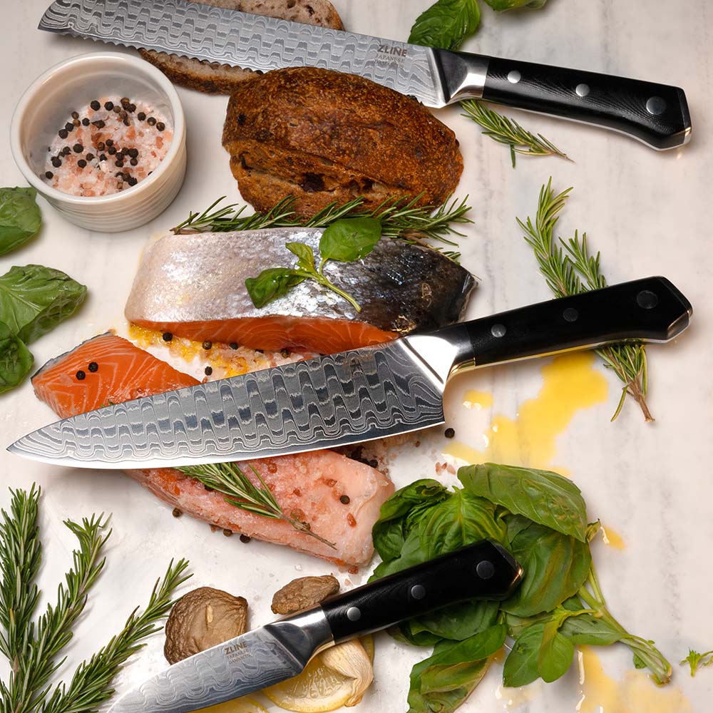 Premium ZLINE 3-Piece Japanese Damascus Steel Kitchen Knife Set (KSETT JD 3) - Chef Knife, Utility Knife & Paring Knife for Professional Cooking, Meat Cutting & Vegetable Prep