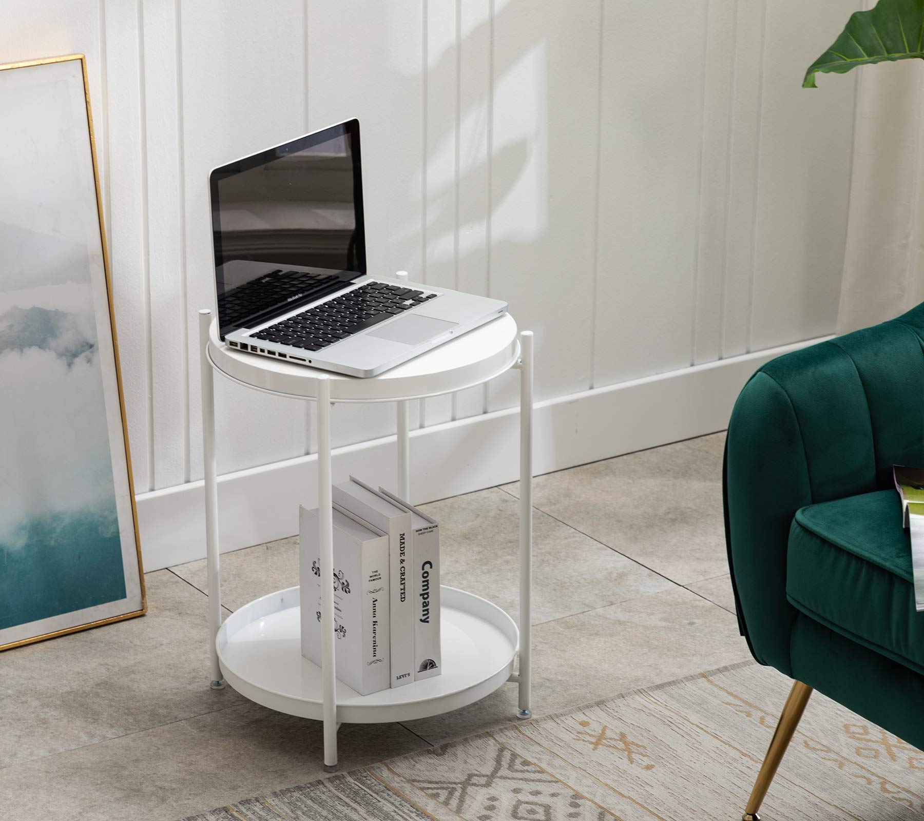 Artechworks Small Round End Table with Removable Tray - Waterproof Side Table for Living Room, Bedroom, Office & Balcony - Perfect Coffee Table for Sofa, Reading Nook & Small Spaces (White)