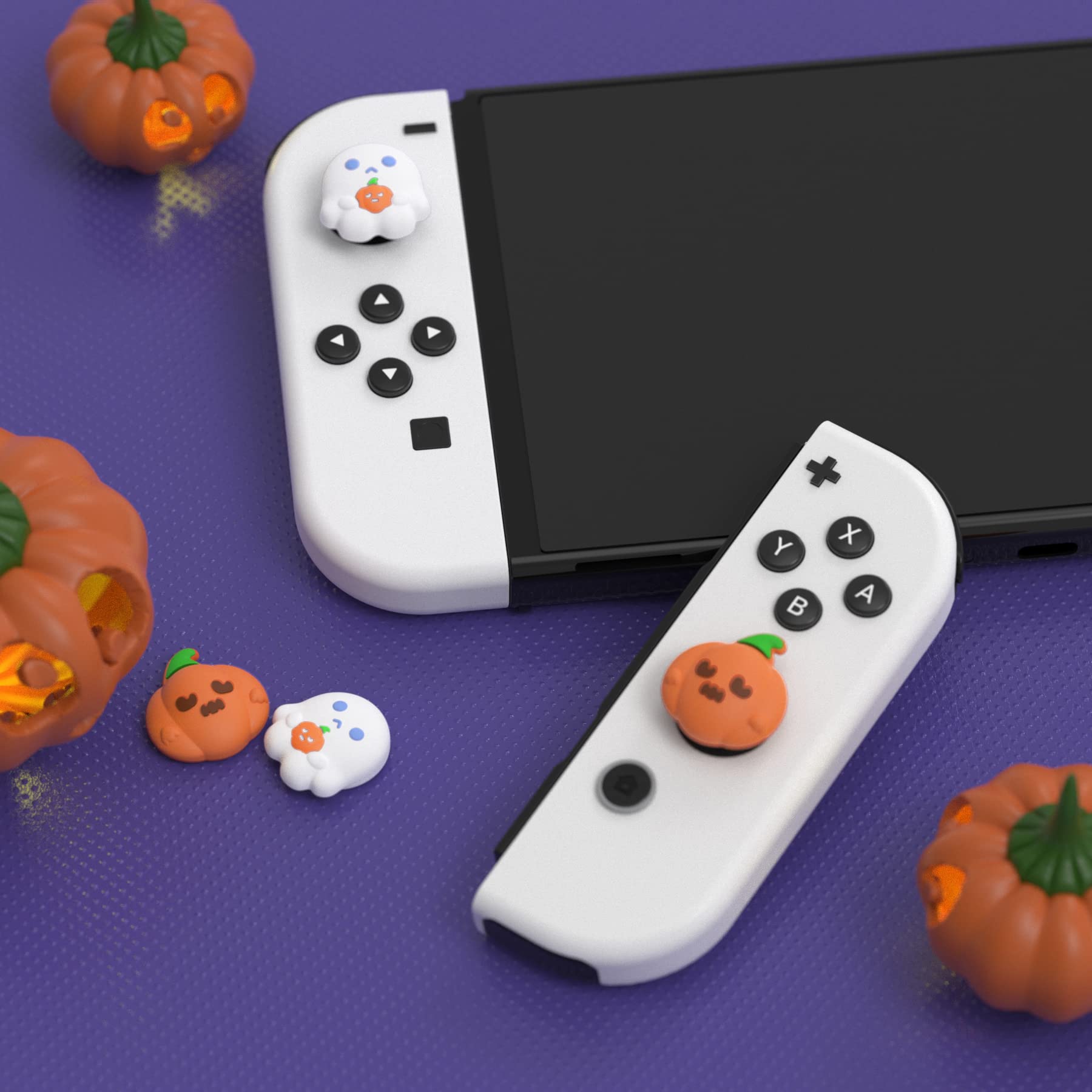 PlayVital Halloween Themed Joystick Caps for Nintendo Switch, Switch Lite & Switch OLED - Spooky Ghost with Pumpkin Design - Analog Thumb Grip Covers for Enhanced Gaming Comfort - Perfect for Halloween Gaming Parties & Spooky Game Nights