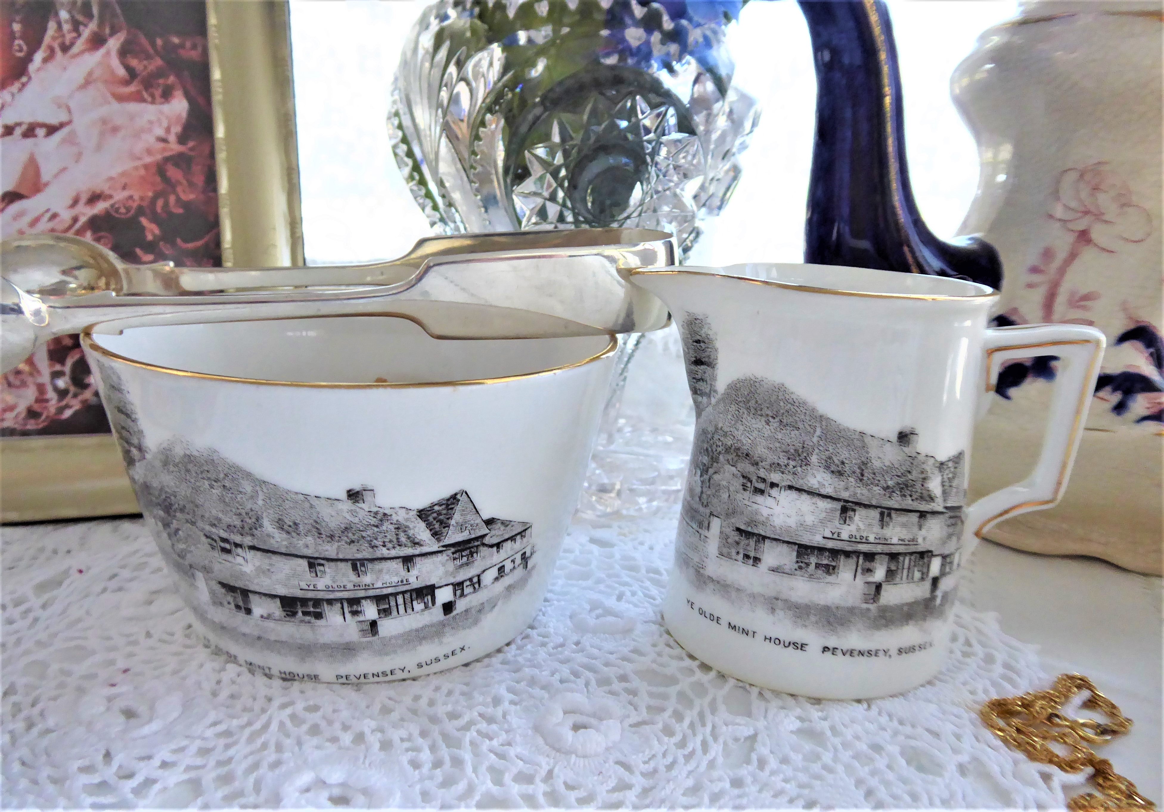 Vintage Shelley Cream and Sugar Set - Ye Olde Mint House Pevensey Milk Sussex 1910s Antique English Tea Service for Afternoon Tea and Collectors Display