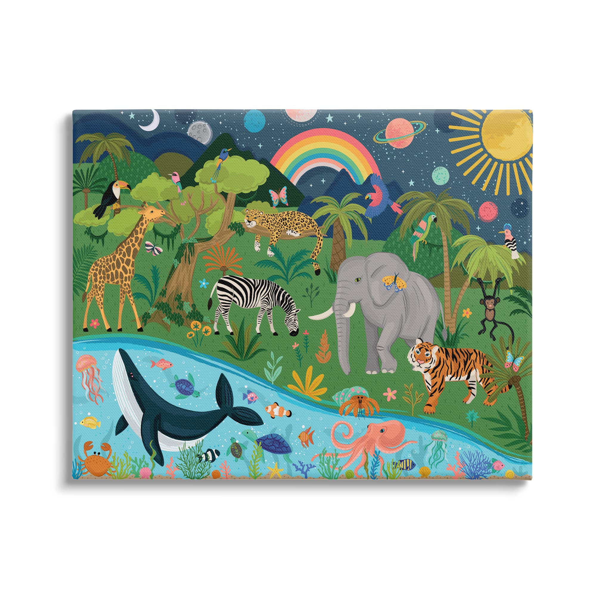 Stupell Industries Jungle Animals & Sea Creatures Wall Art Under Night Sky with Planets - Designed by Lisa Perry - White Framed Canvas Print for Kids Room, Nursery, or Playroom Decor