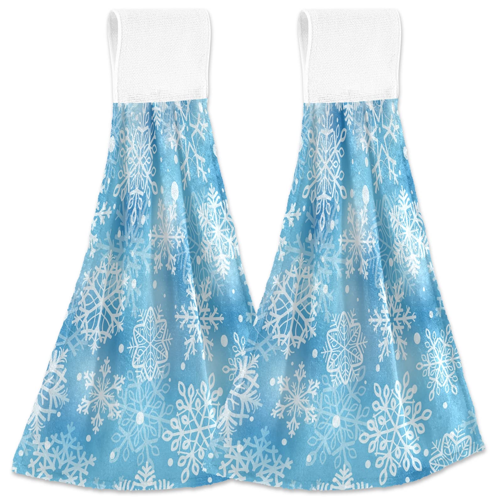 ASLSIY Winter Snowflakes Hanging Kitchen Towels - Set of 2 Fast Drying Absorbent Dish & Hand Towels for Bathroom, Kitchen, Tabletop - Snowflake Design Home Decor for Christmas, Winter, Gym
