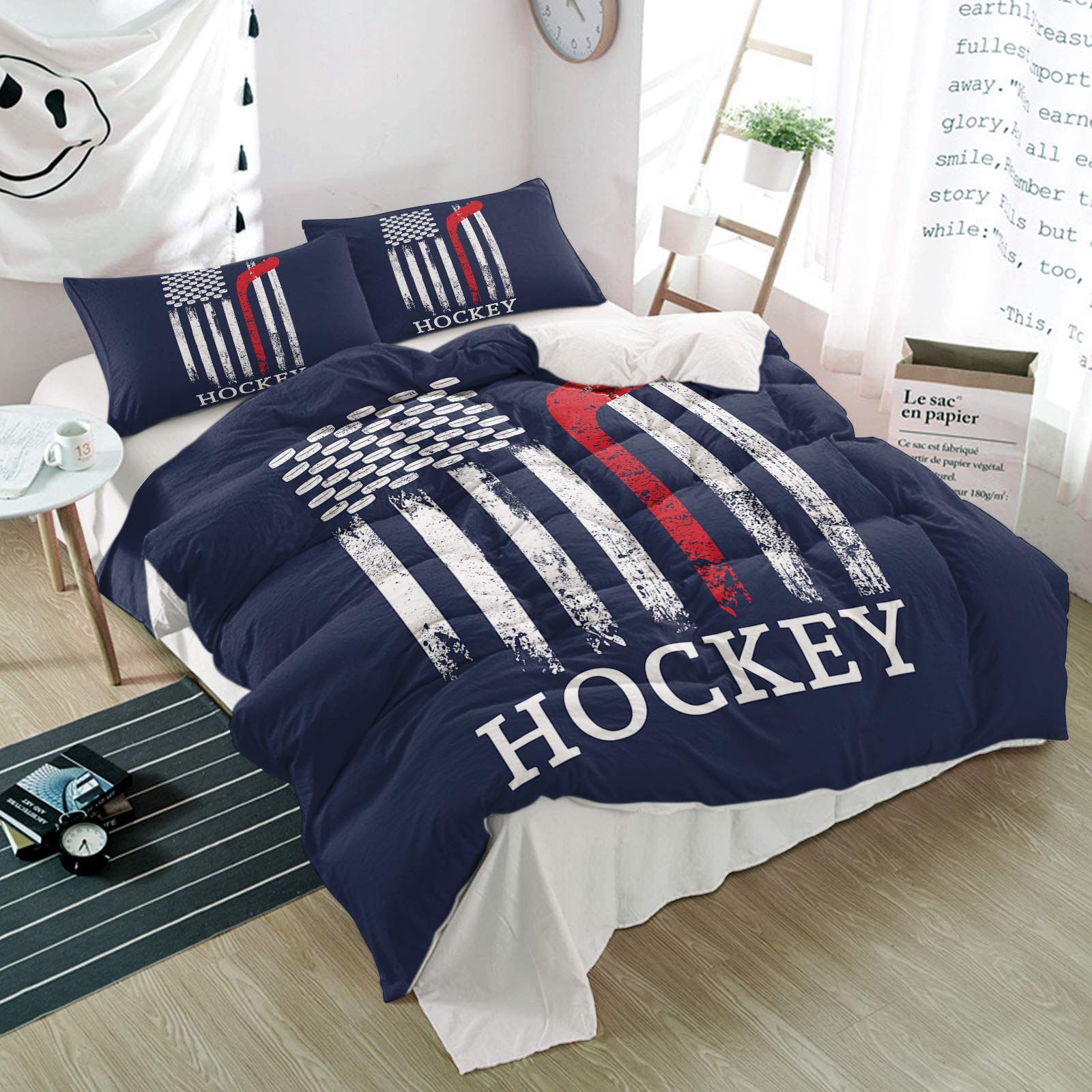 3-Piece American Ice Hockey Sports Bedding Set - Duvet Cover with 2 Pillow Shams, USA Flag Stripes Design for Kids, Teens, Men & Women | Perfect for Sports-Themed Bedrooms, Dorm Rooms & Fan Gifts