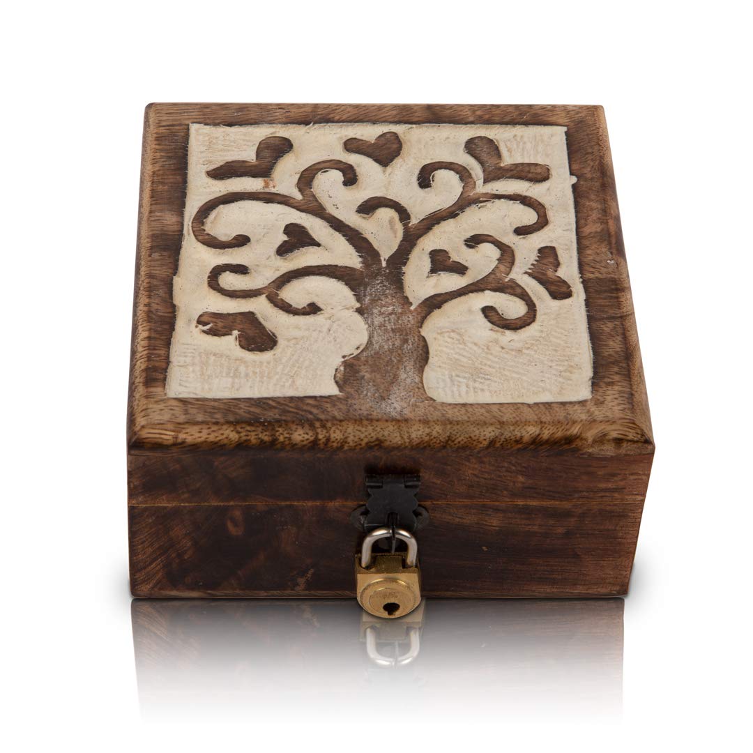 Handmade Wooden Jewelry Box with Tree of Life Carving - Lockable Keepsake Storage Organizer for Necklaces, Rings & Watches - Perfect Birthday Gift, Anniversary Present & Home Decor Jewelry Chest