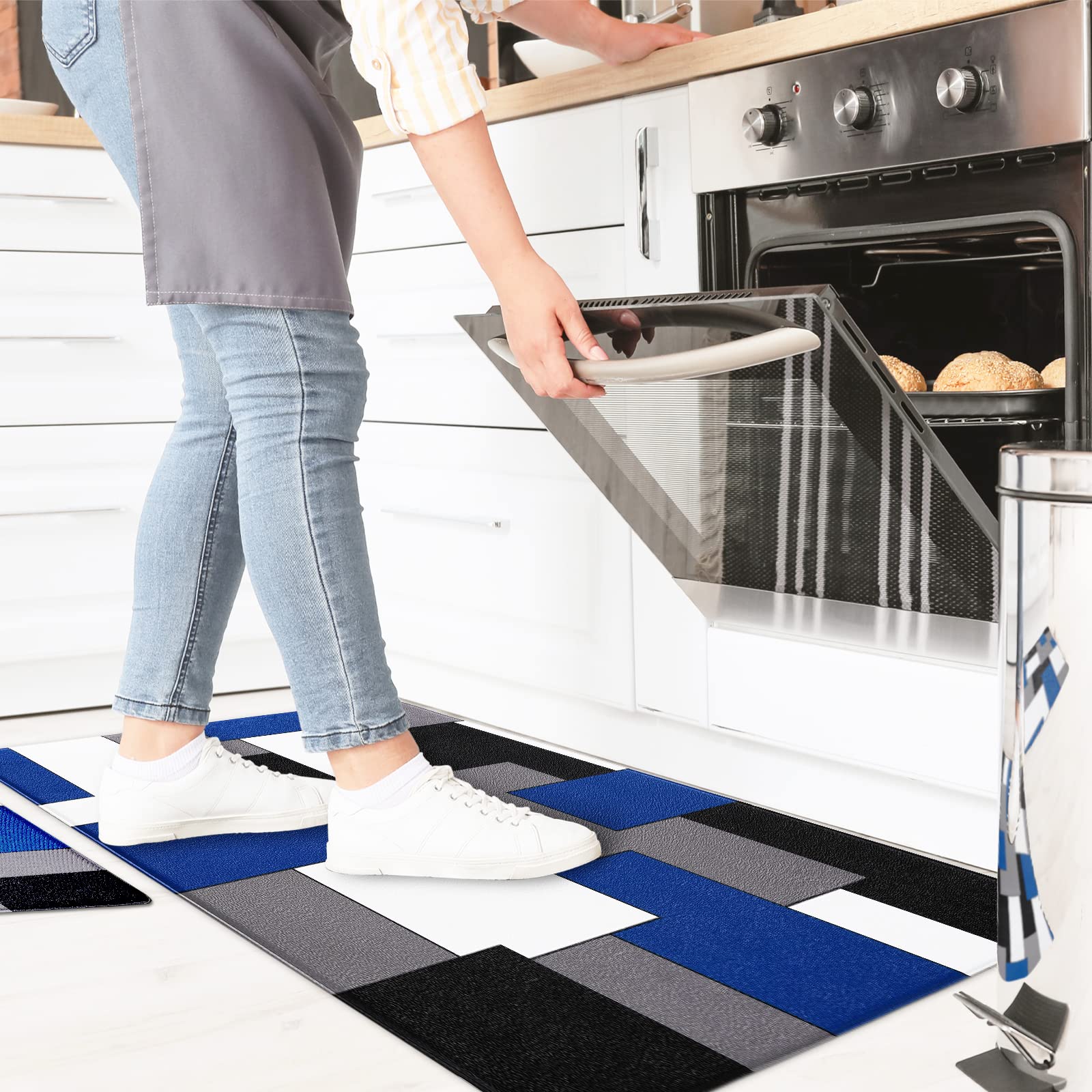AILUER Non-Slip Kitchen Rugs Set of 2 - Blue & Black Geometric Design Cushioned Floor Mats for Kitchen, Laundry Room - 17.5