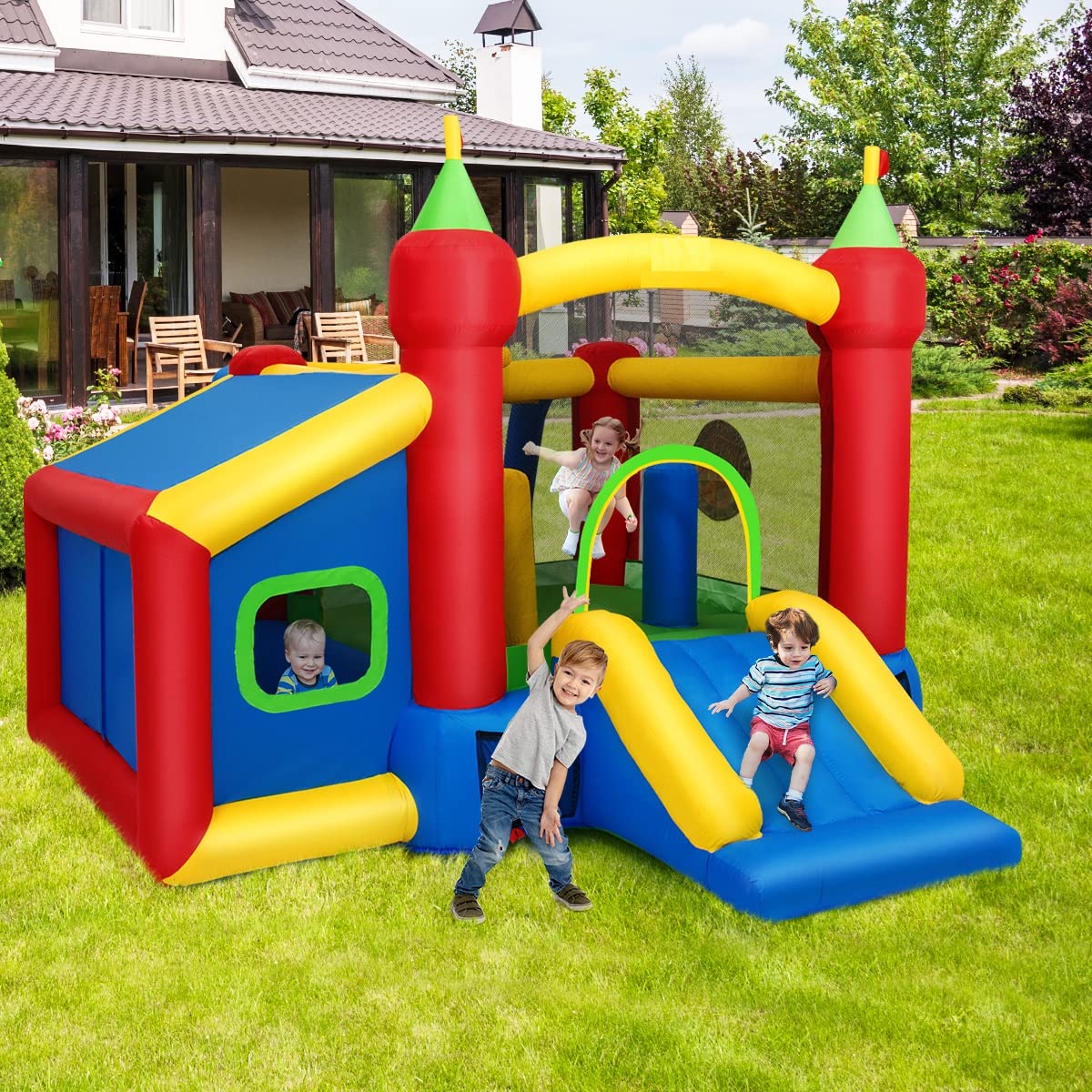 OLAKIDS Inflatable Bounce House with Slide & Ball Pit - Outdoor/Indoor Jumping Castle for Kids with Dart Target, Carrying Bag & Repair Kit - Perfect for Birthday Parties, Backyard Fun & Summer Activities