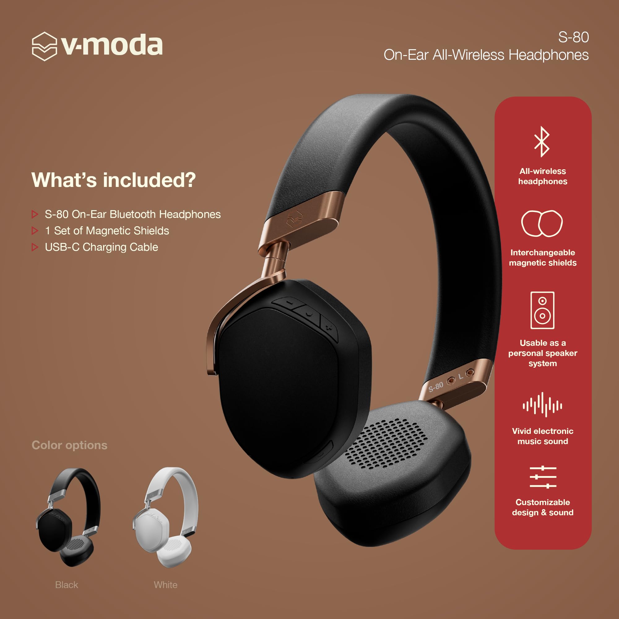 V-MODA S-80 Wireless Bluetooth Headphones with Personal Speaker - Rose Gold | Premium Sound for Electronic Music | Stylish Design | Mobile App Control | Perfect for Gym, Travel & Home Use (S-80-RG)