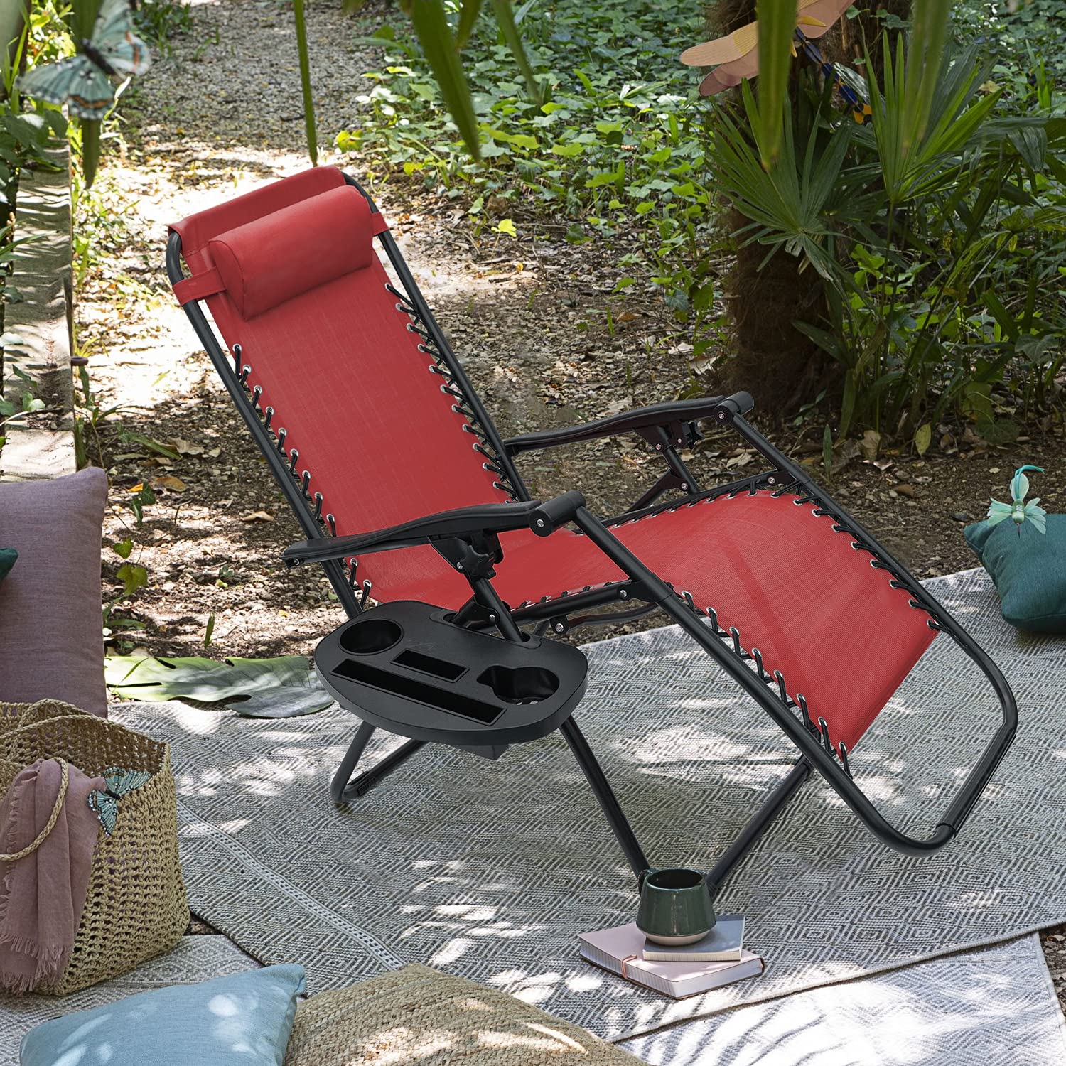 Kemon Zero Gravity Folding Lounge Chair - Adjustable Reclining Outdoor Patio Chair with Pillows & Cup Holders - Set of 2 Red Chairs - Perfect for Beach, Poolside, Backyard & Camping Relaxation